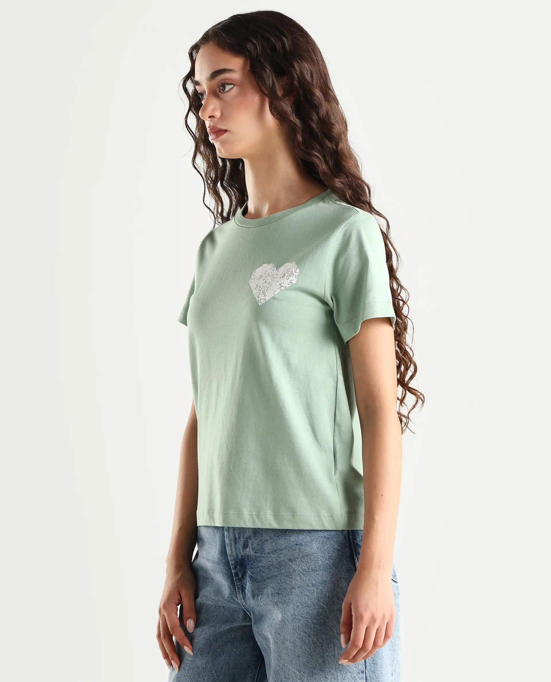Rareism Women's Ronpel Light Green Cotton Round Neck Abstract Print Regular Fit T-Shirt - Image 5