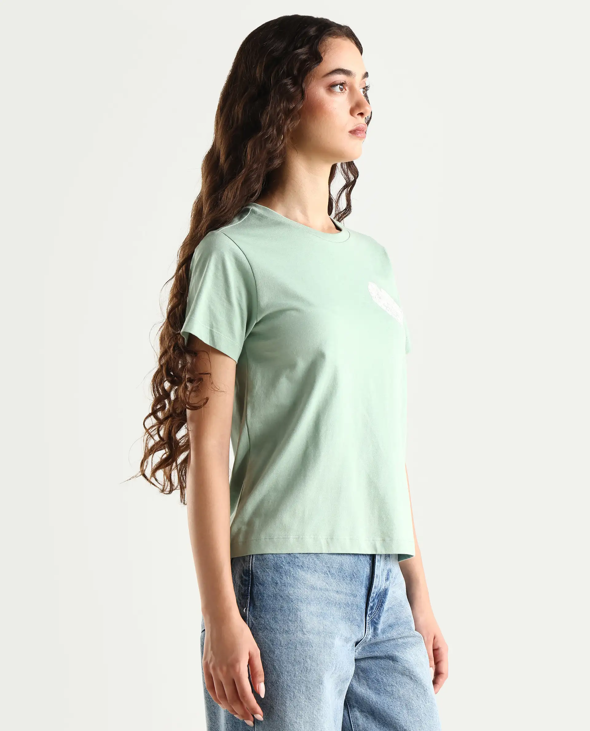 Rareism Women's Ronpel Light Green Cotton Round Neck Abstract Print Regular Fit T-Shirt - Image 6