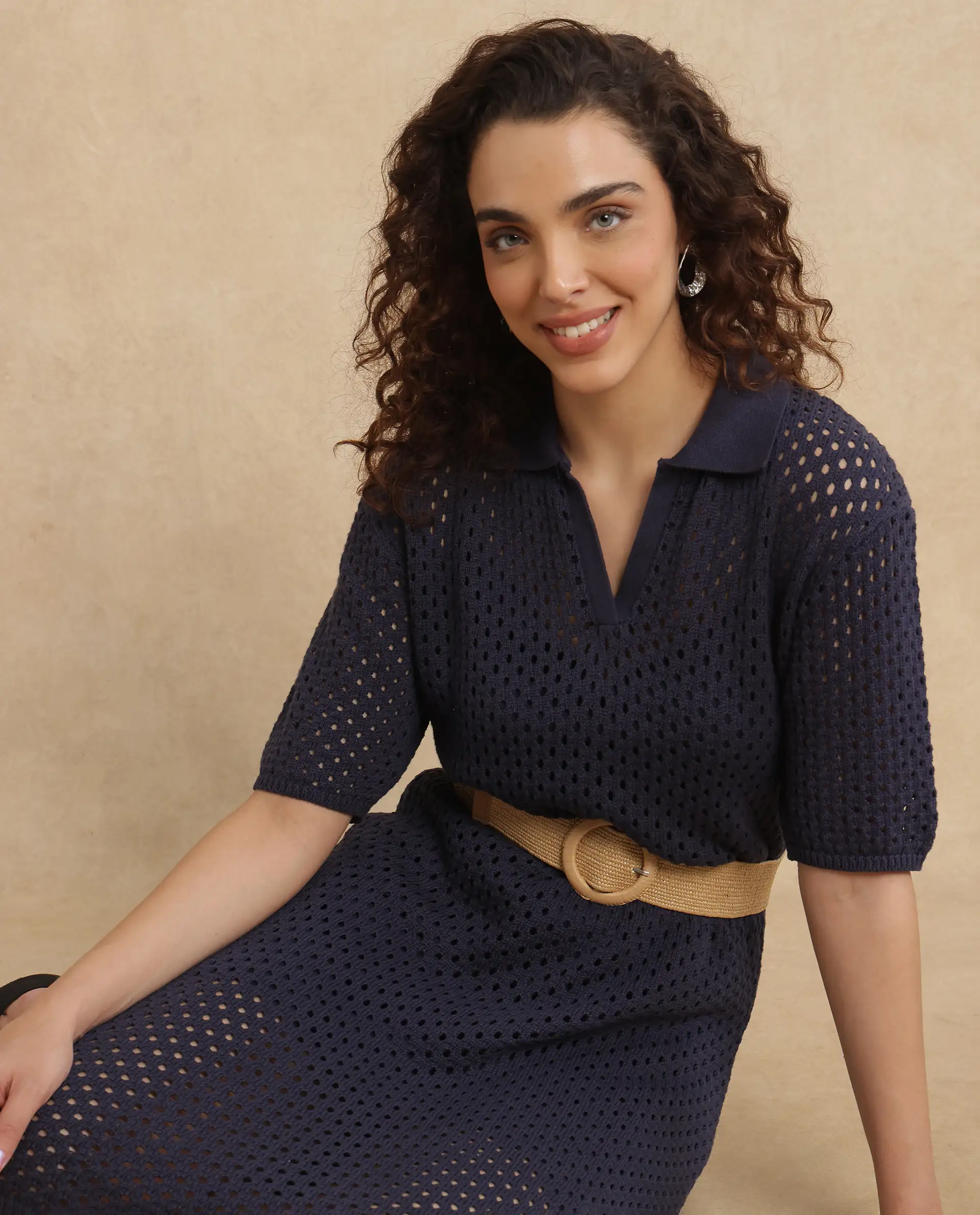 Rareism Women's Ronpen Navy Cotton Spread Collar Plain Midi Straight Fit Dress - Image 2