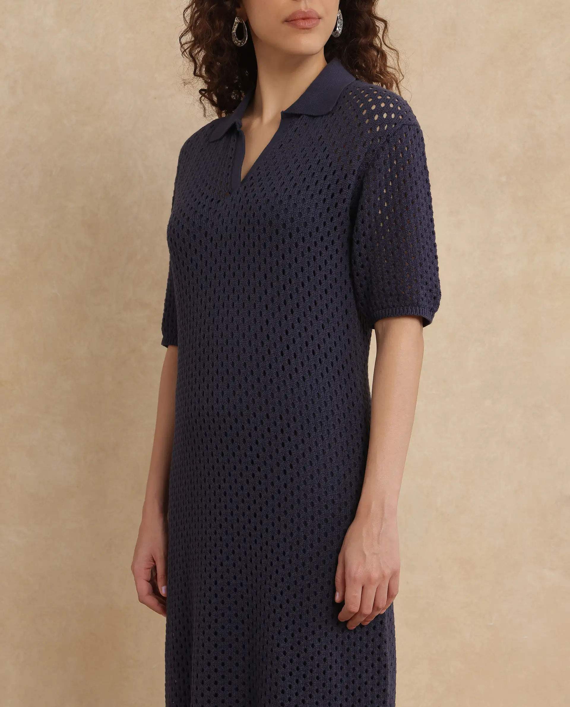 Rareism Women's Ronpen Navy Cotton Spread Collar Plain Midi Straight Fit Dress - Image 3