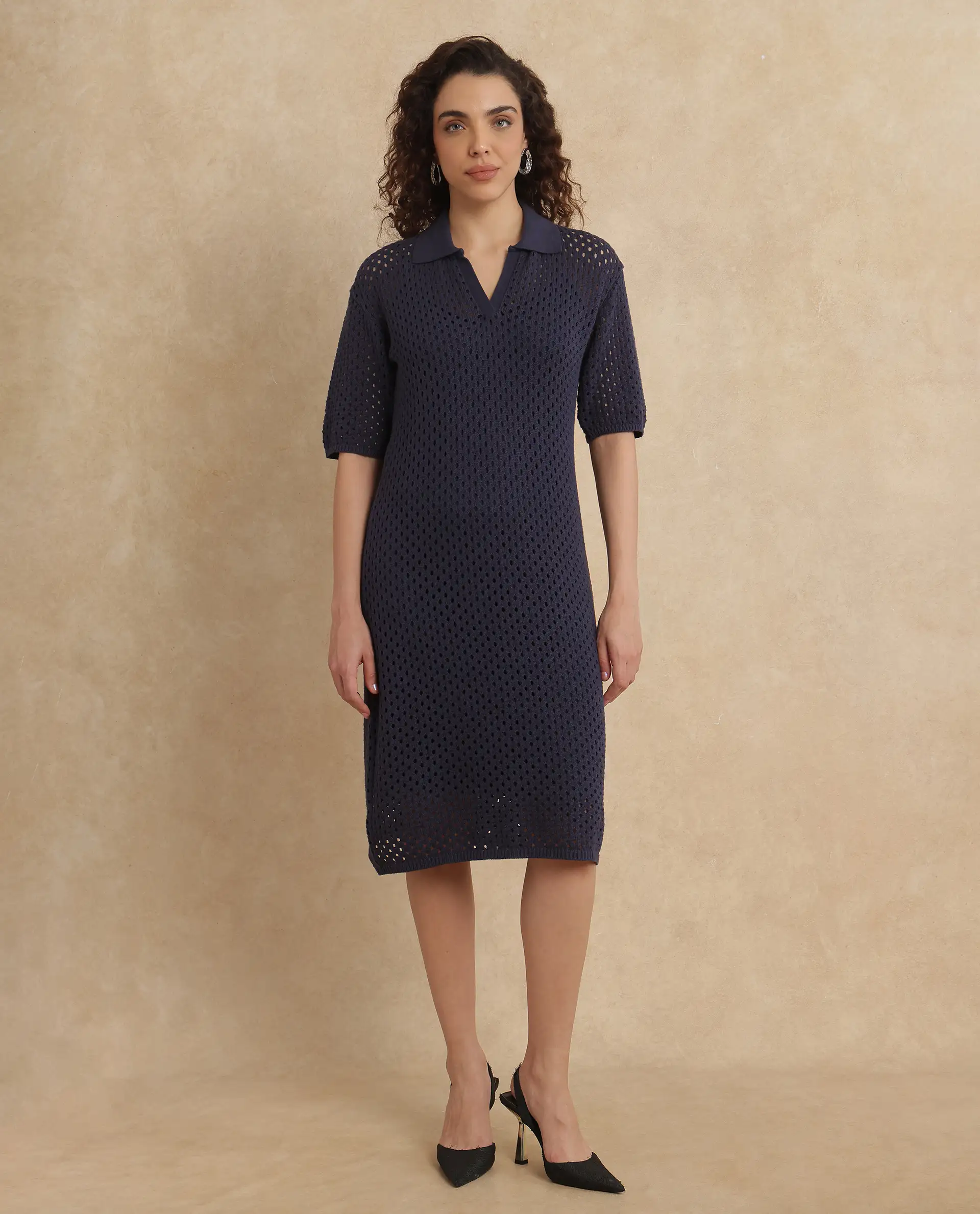 Rareism Women's Ronpen Navy Cotton Spread Collar Plain Midi Straight Fit Dress - Image 5