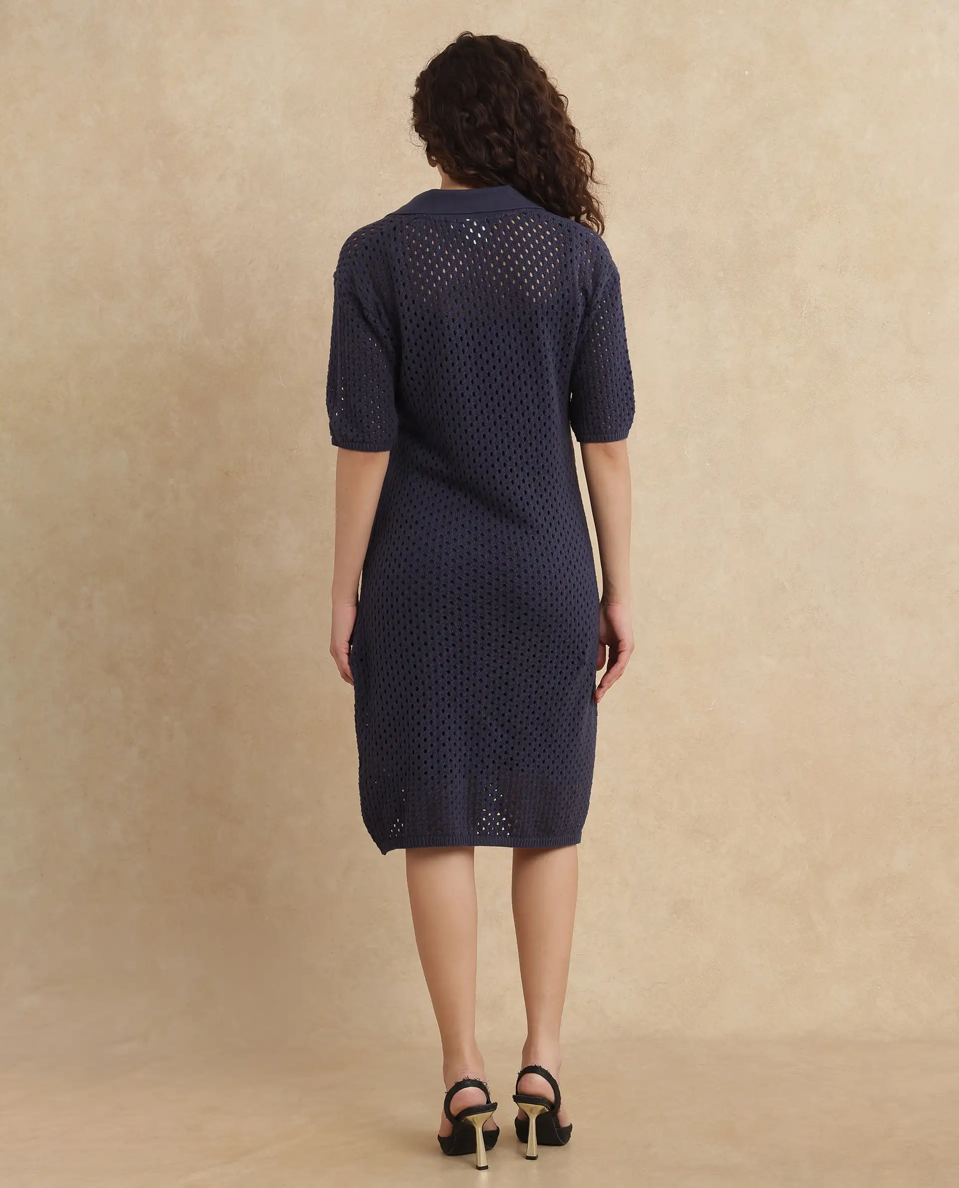 Rareism Women's Ronpen Navy Cotton Spread Collar Plain Midi Straight Fit Dress - Image 8