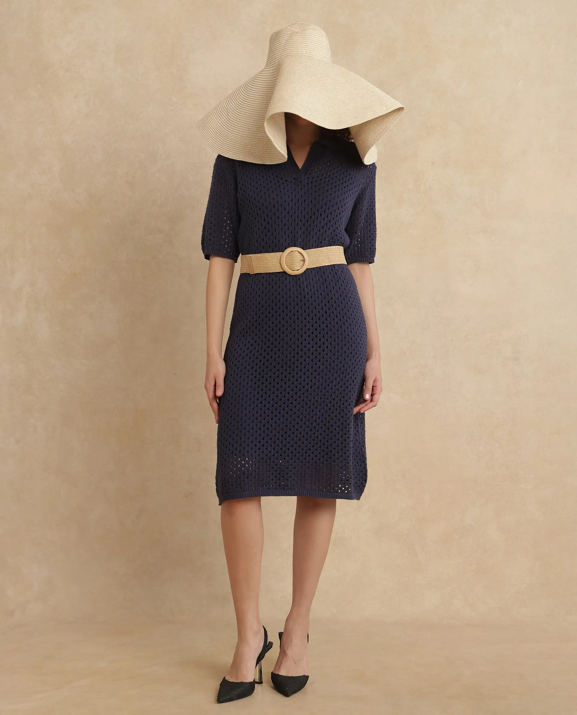 Rareism Women's Ronpen Navy Cotton Spread Collar Plain Midi Straight Fit Dress - Image 9
