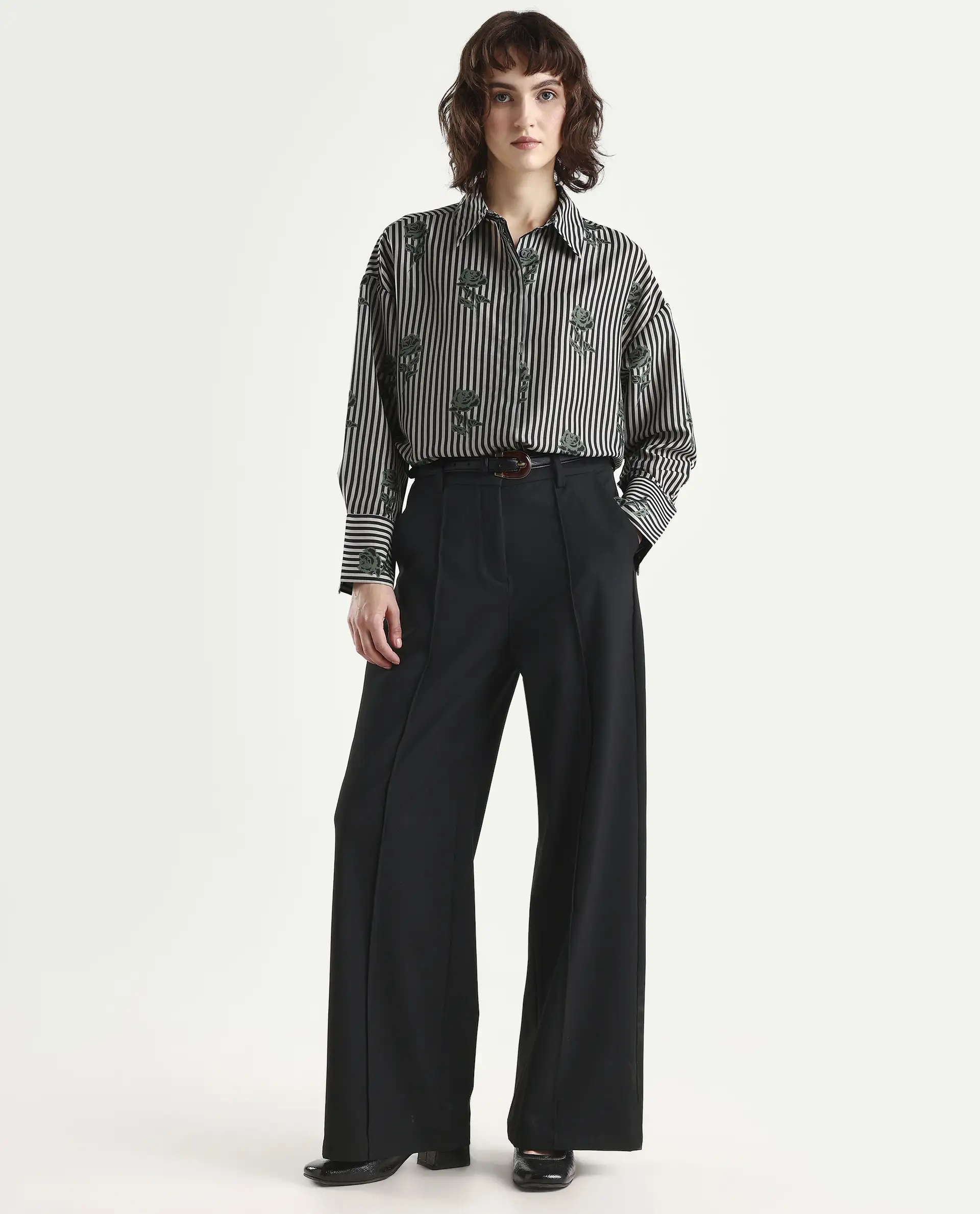 Rareism Women's Ronrayzo Dark Green Polyester Spread Collar Striped Cuffed Sleeve Regular Fit Shirt - Image 2
