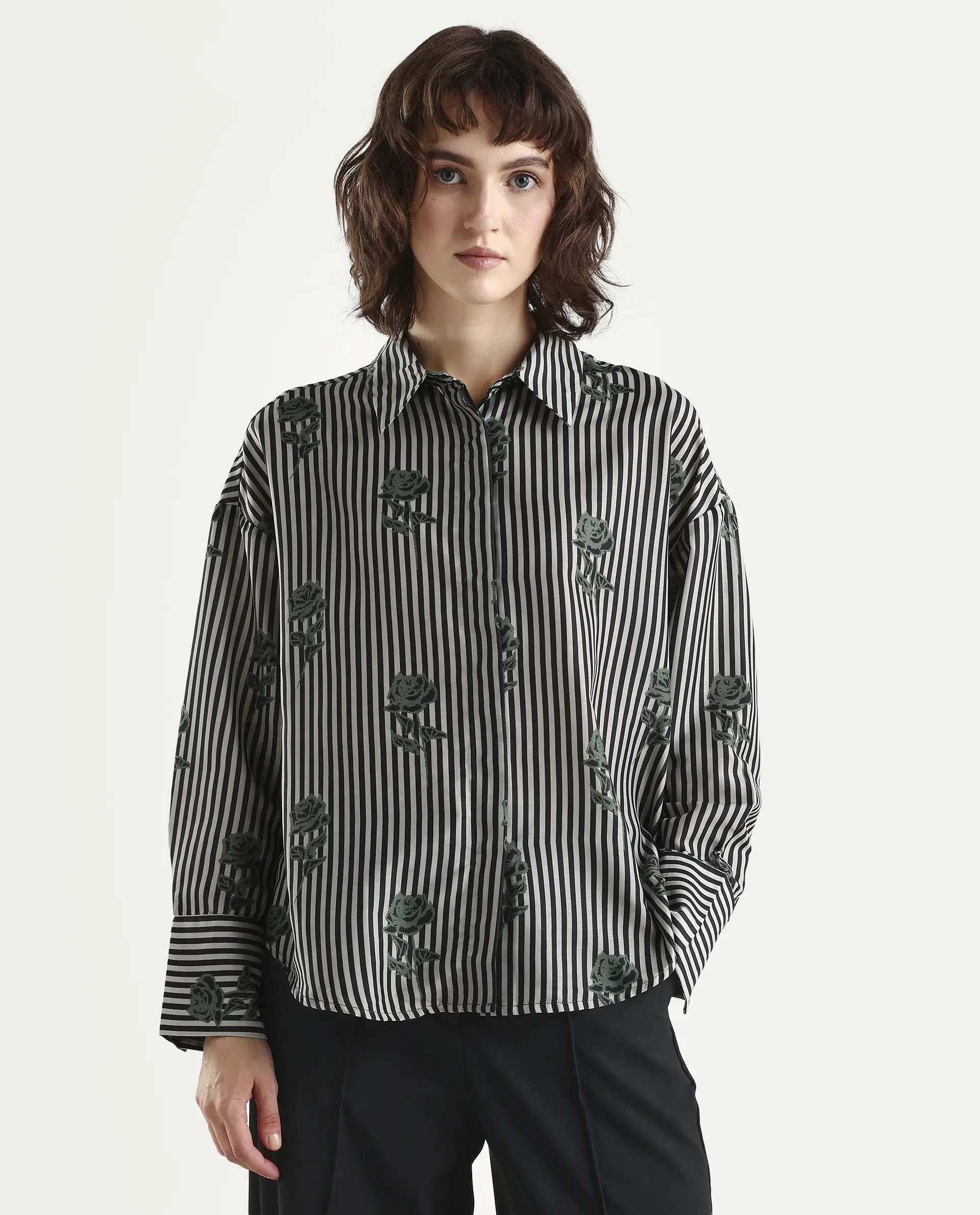 Rareism Women's Ronrayzo Dark Green Polyester Spread Collar Striped Cuffed Sleeve Regular Fit Shirt - Image 3