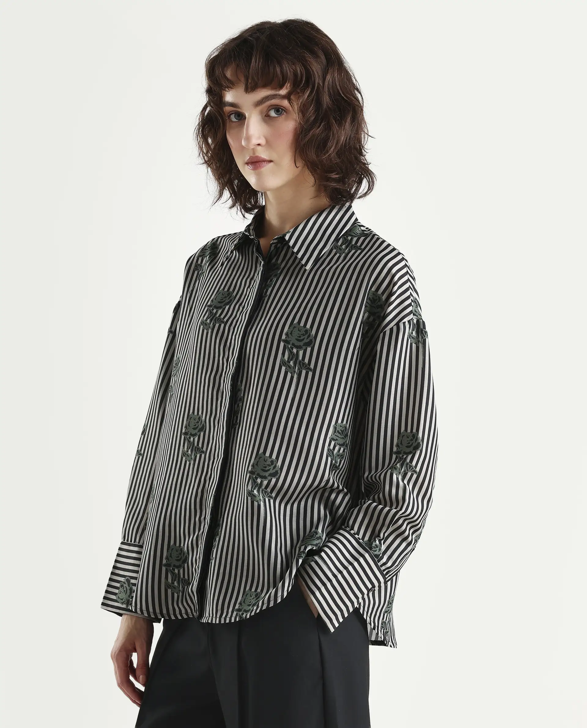 Rareism Women's Ronrayzo Dark Green Polyester Spread Collar Striped Cuffed Sleeve Regular Fit Shirt - Image 5