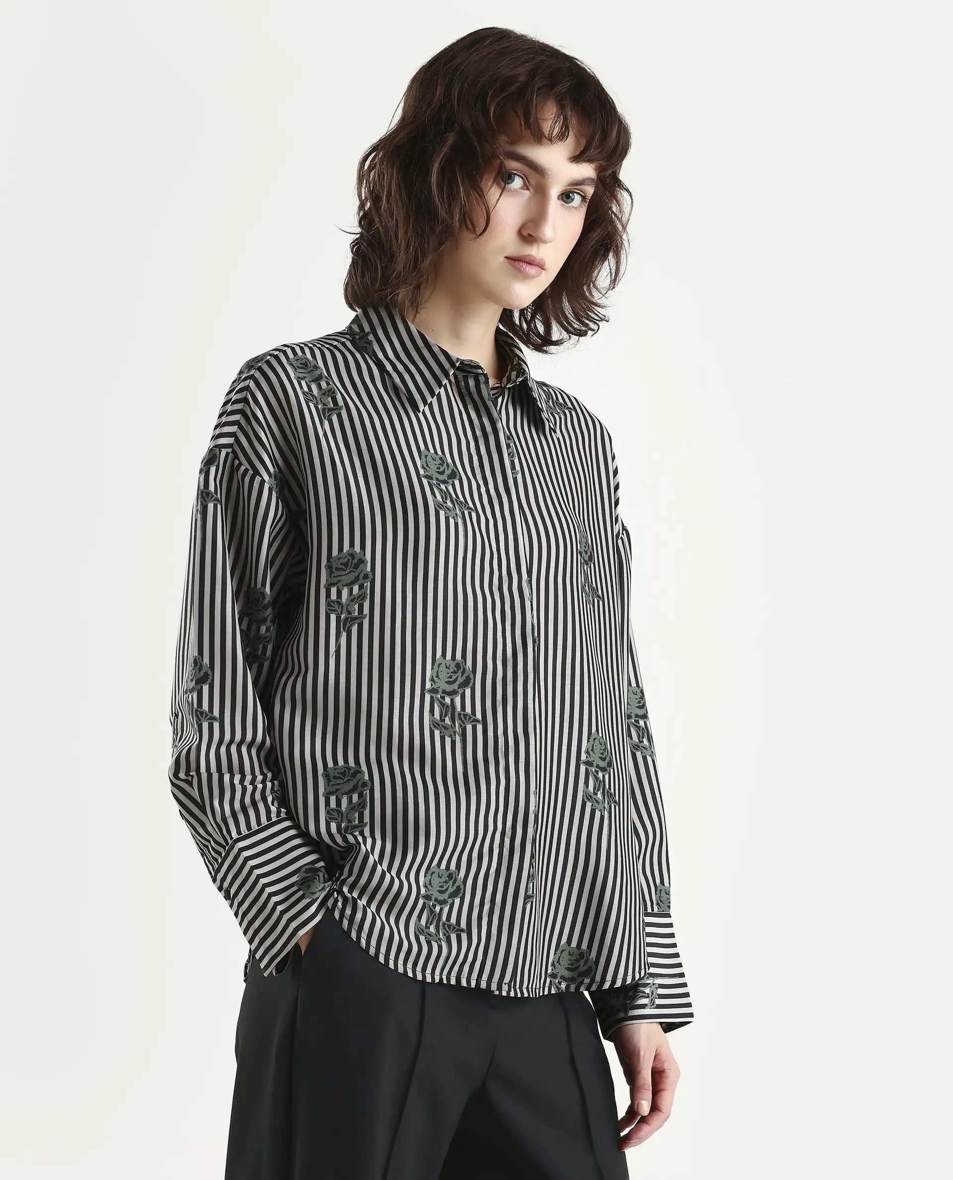 Rareism Women's Ronrayzo Dark Green Polyester Spread Collar Striped Cuffed Sleeve Regular Fit Shirt - Image 6
