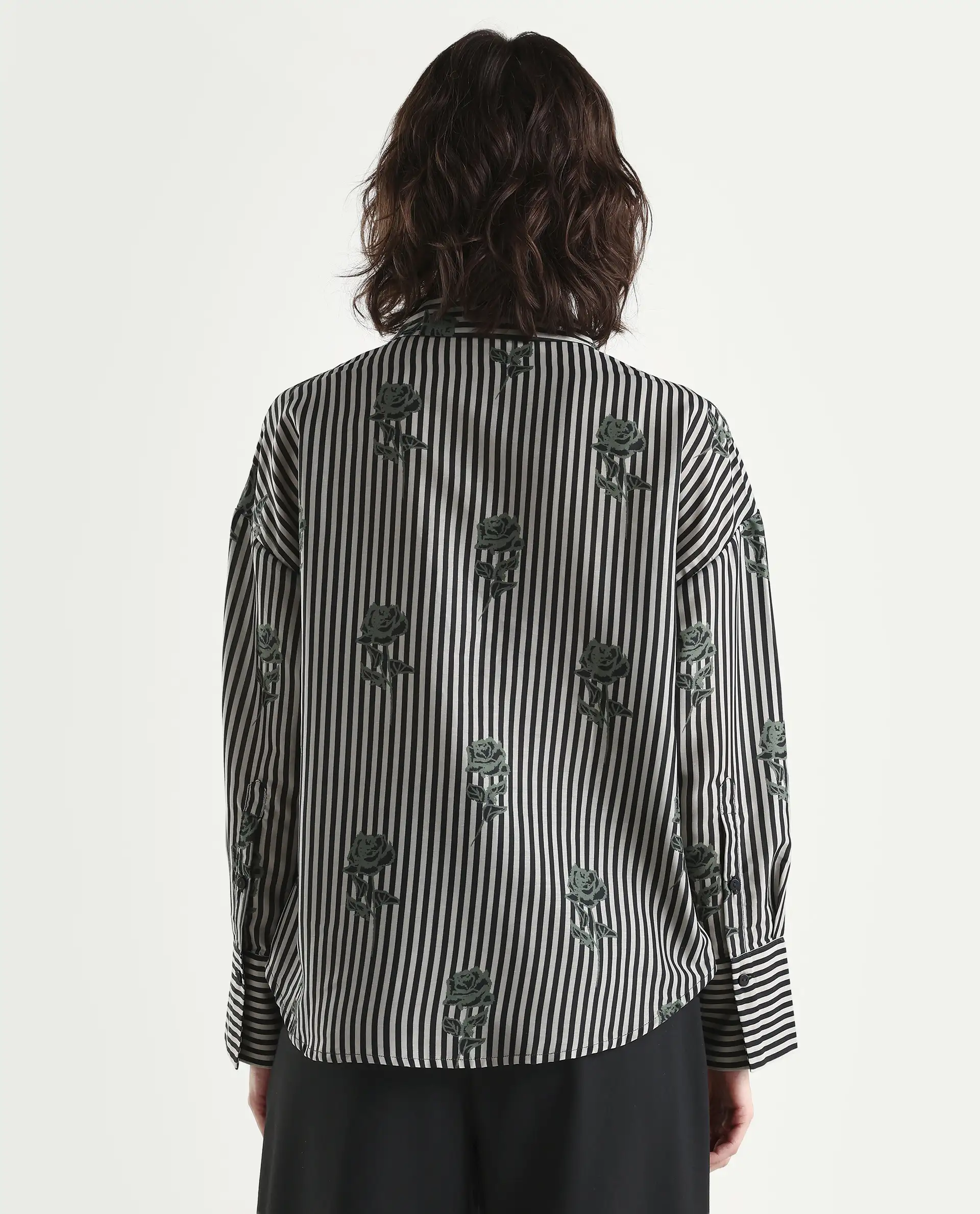 Rareism Women's Ronrayzo Dark Green Polyester Spread Collar Striped Cuffed Sleeve Regular Fit Shirt - Image 7
