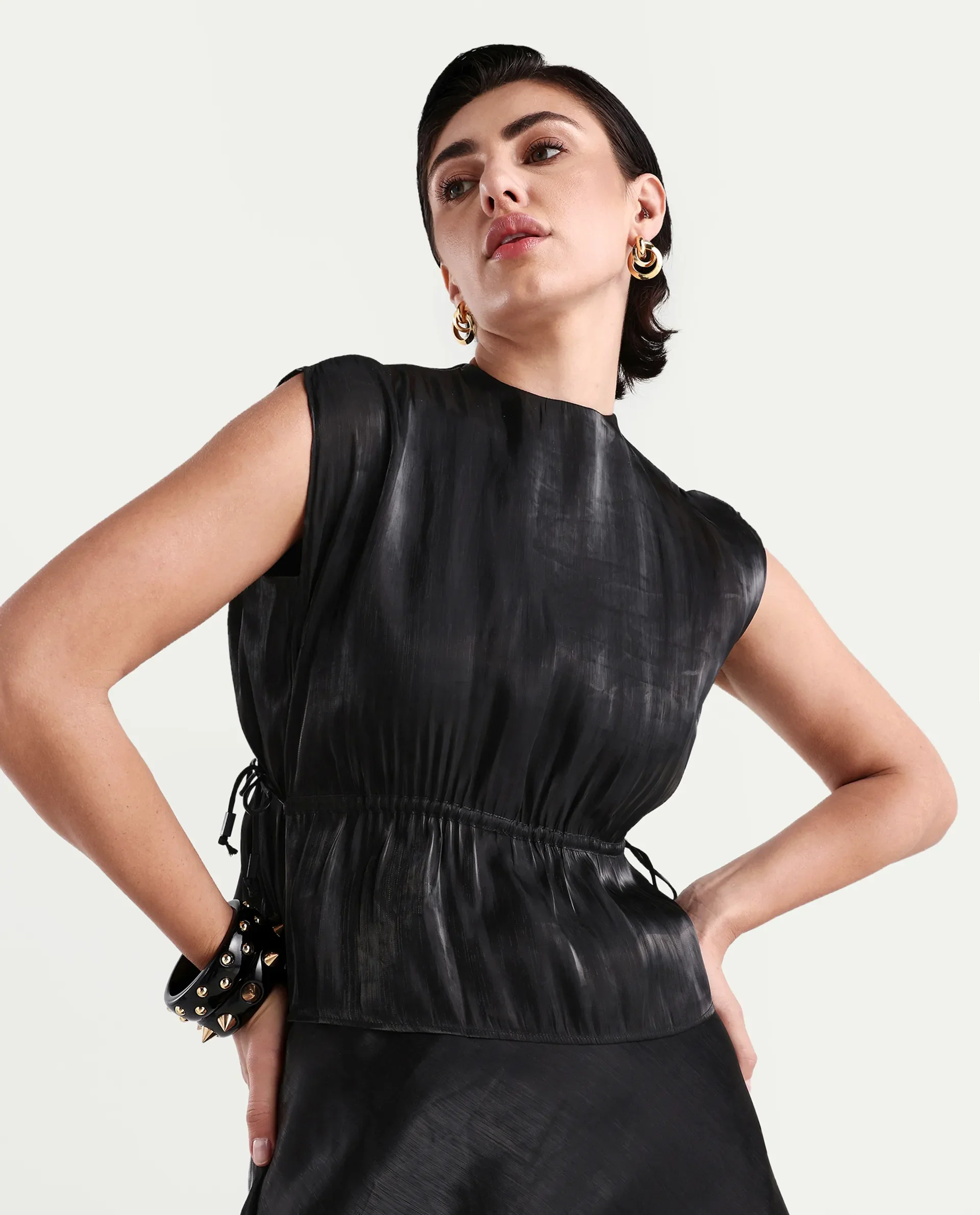 Rareism Women's Ronru Black Polyester Crew Neck Plain Sleeveless Regular Fit Top - Image 3