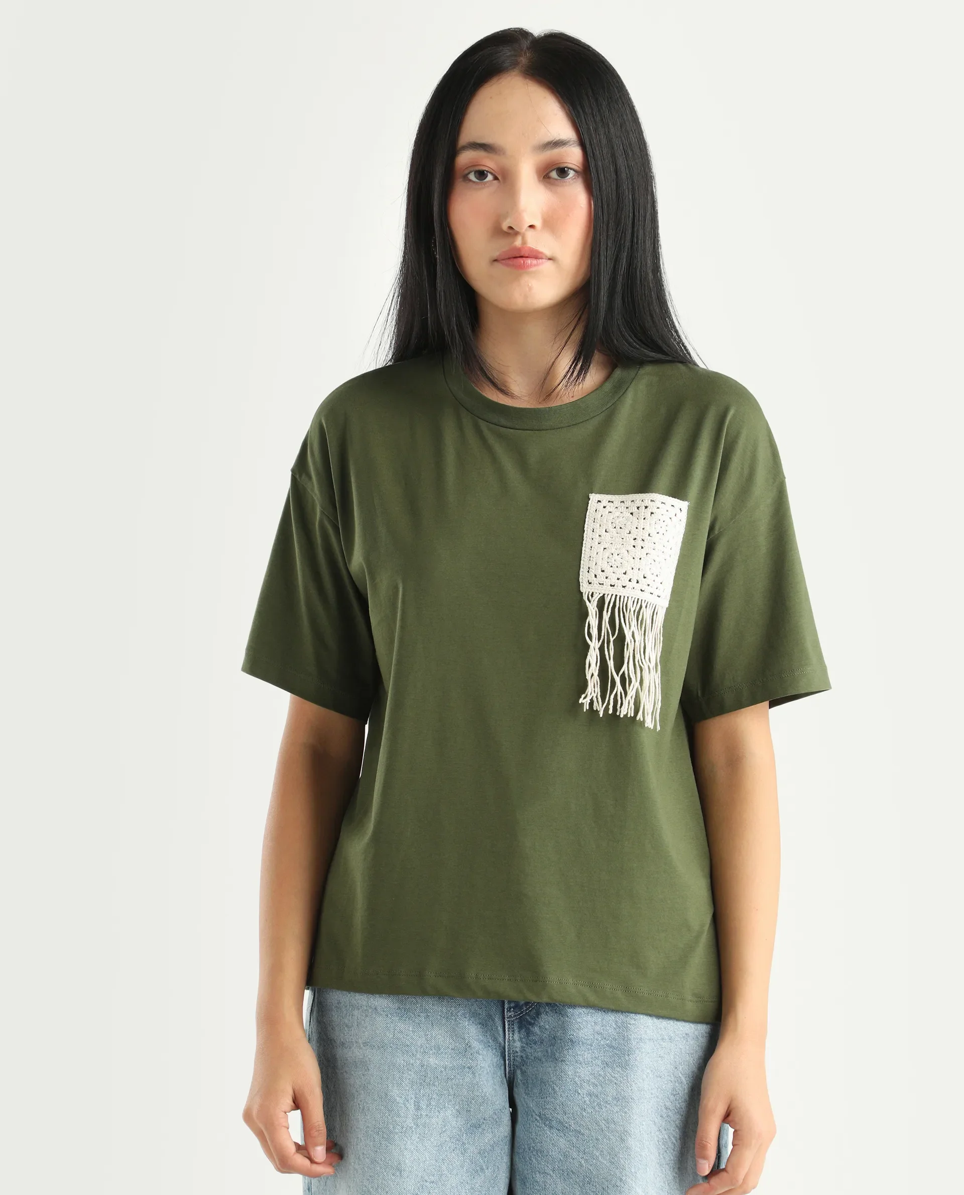 Rareism Women's Ronrufo Olive Cotton Blend Round Neck Plain Boxy Fit T-Shirt - Image 3