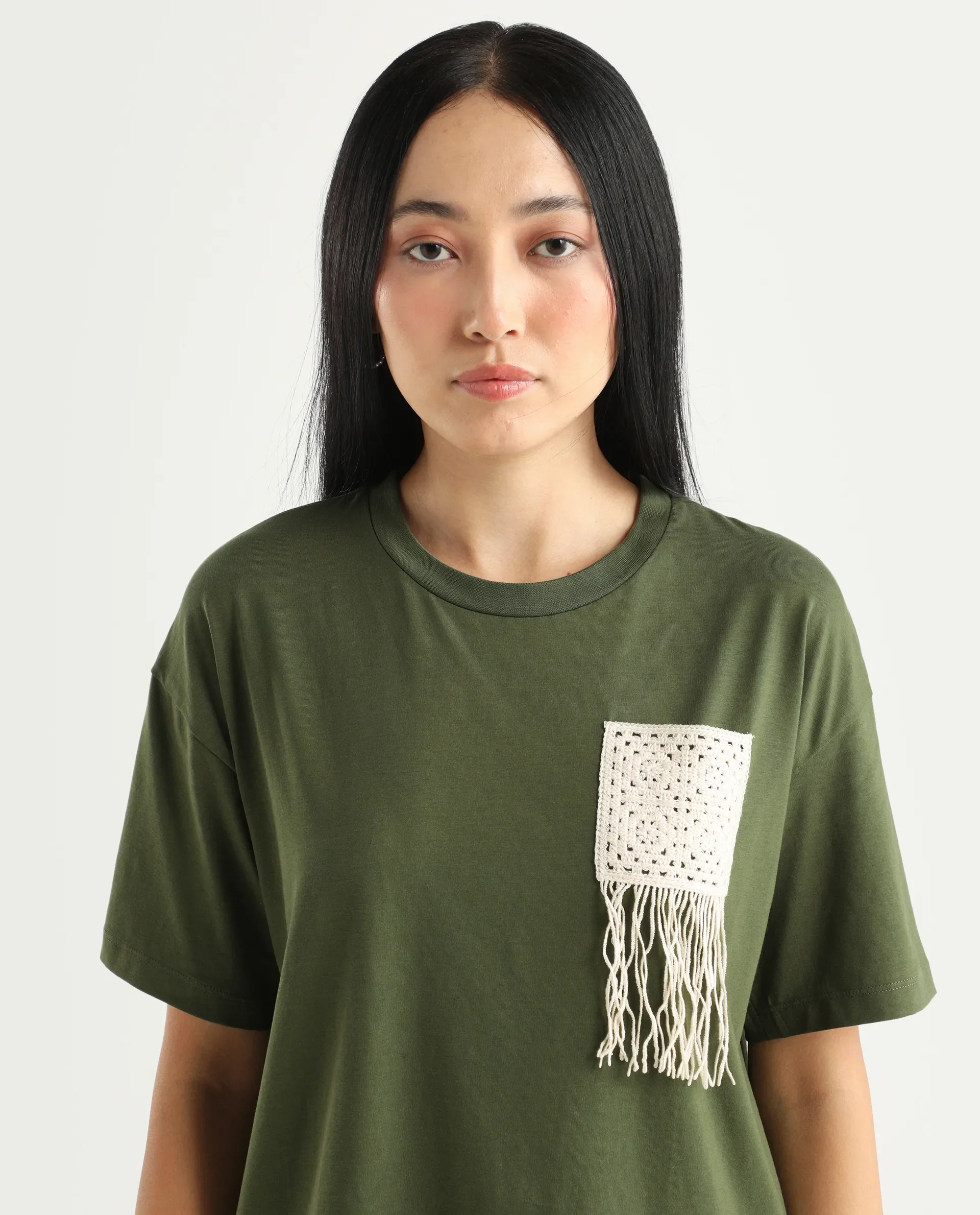 Rareism Women's Ronrufo Olive Cotton Blend Round Neck Plain Boxy Fit T-Shirt - Image 4