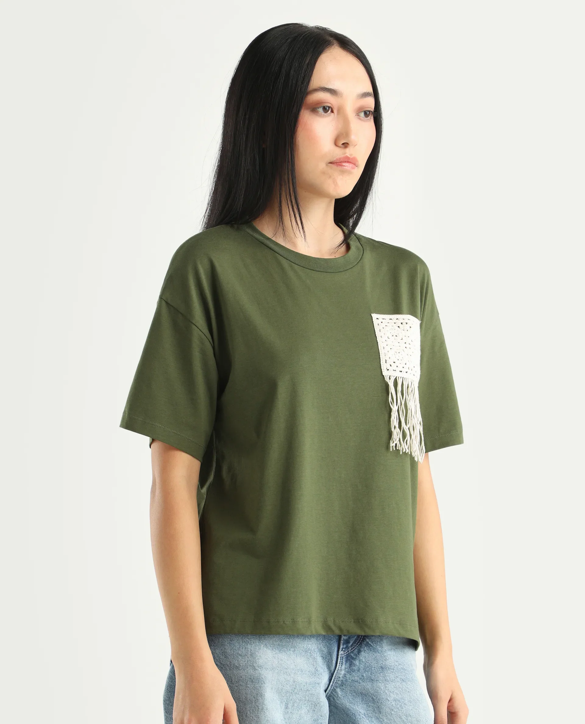 Rareism Women's Ronrufo Olive Cotton Blend Round Neck Plain Boxy Fit T-Shirt - Image 5