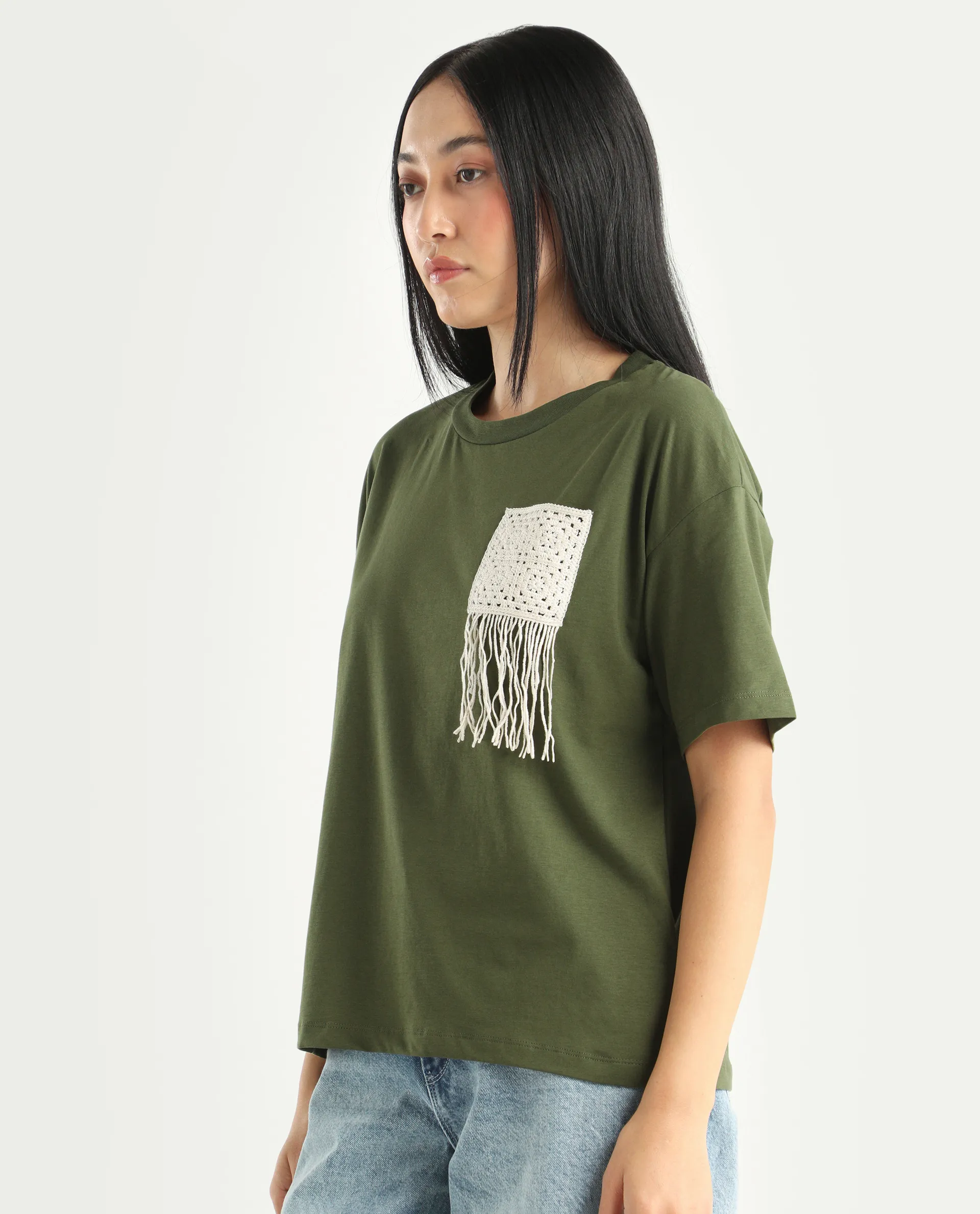 Rareism Women's Ronrufo Olive Cotton Blend Round Neck Plain Boxy Fit T-Shirt - Image 6