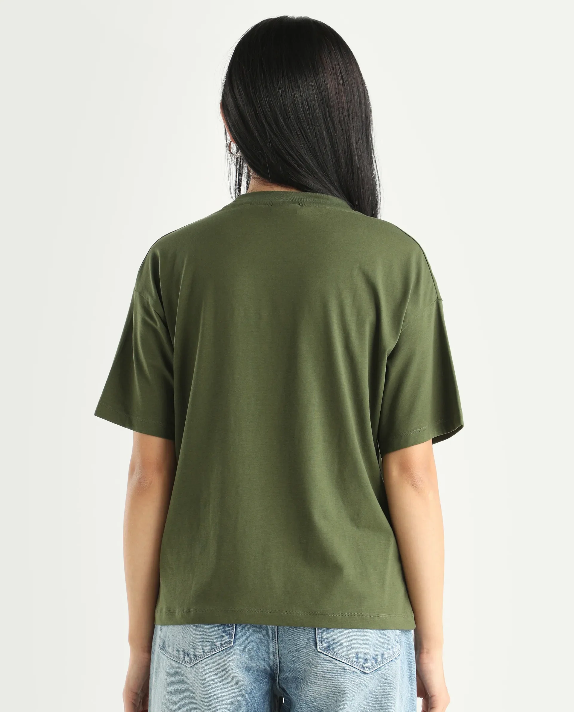 Rareism Women's Ronrufo Olive Cotton Blend Round Neck Plain Boxy Fit T-Shirt - Image 7