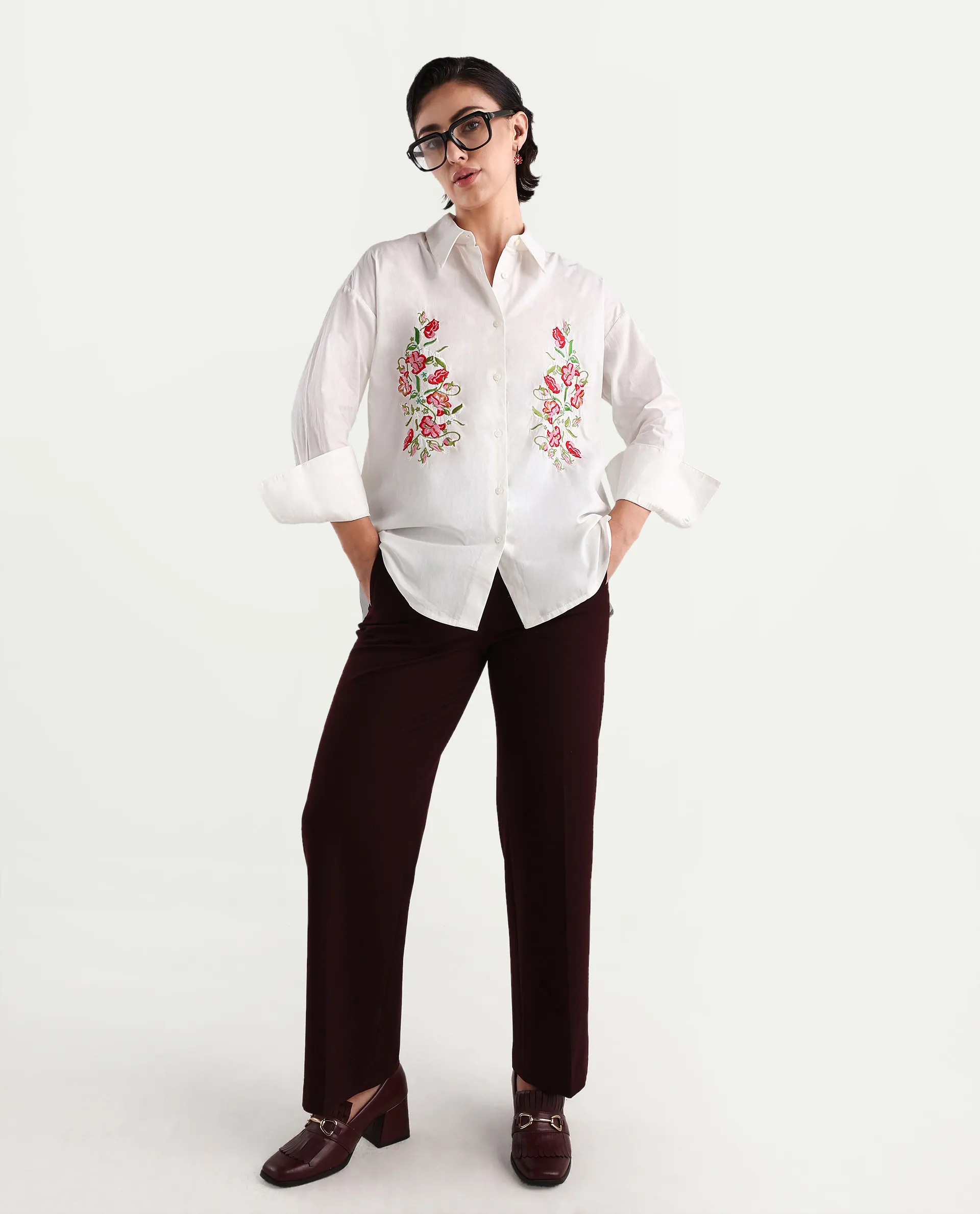 Rareism Women's Ronshei White Cotton Spread Collar Floral Print Regular Fit Shirt - Image 2