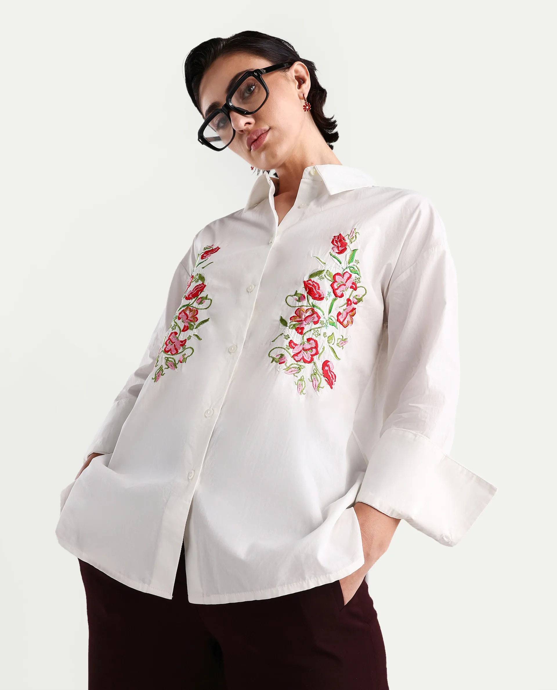 Rareism Women's Ronshei White Cotton Spread Collar Floral Print Regular Fit Shirt - Image 3