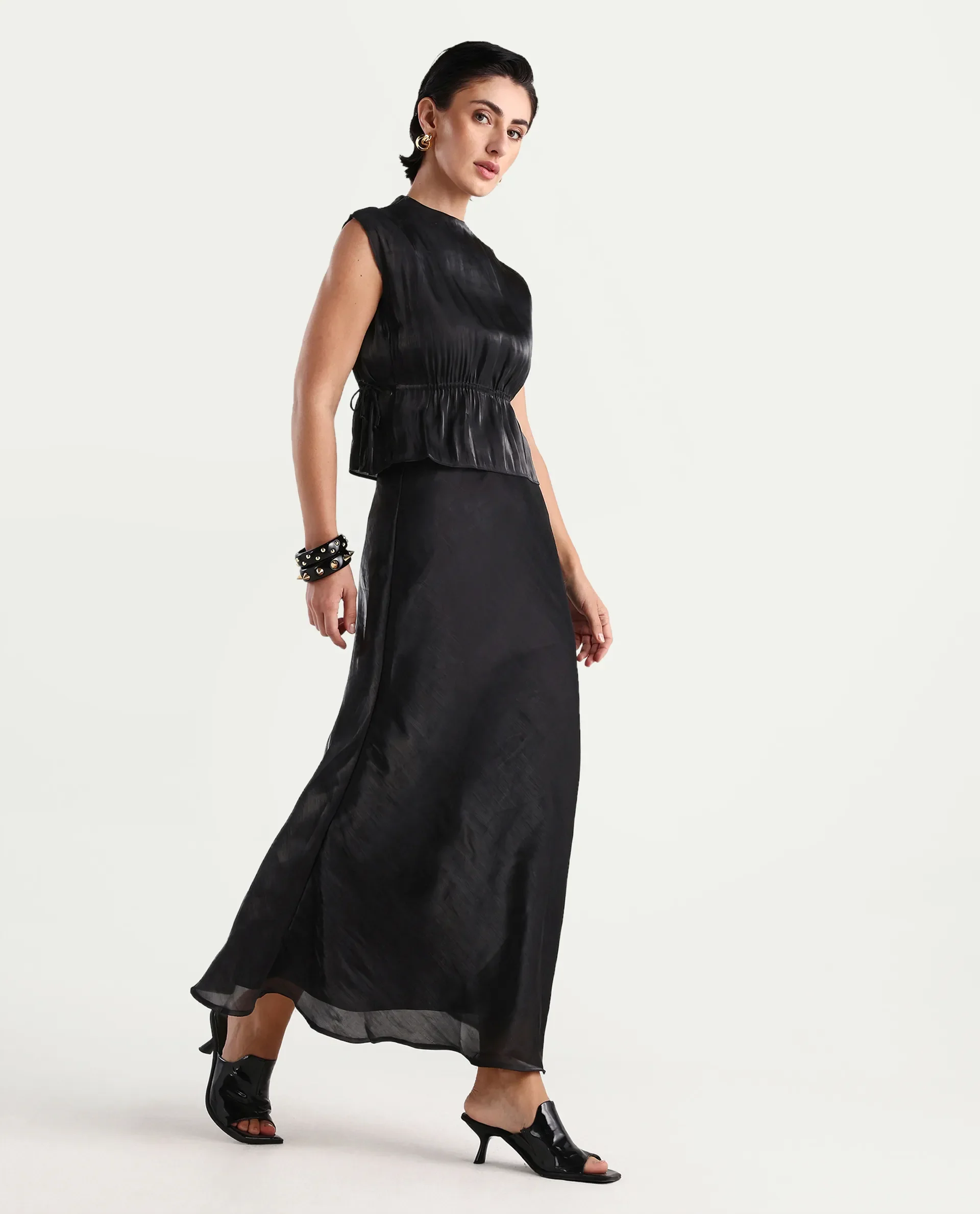 Rareism Women's Ronski Black Polyester Plain Maxi A-Line Skirt