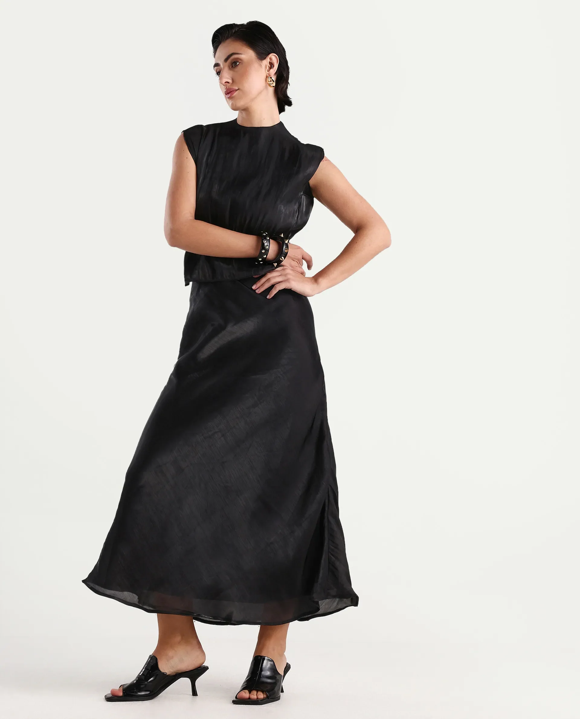 Rareism Women's Ronski Black Polyester Plain Maxi A-Line Skirt - Image 2