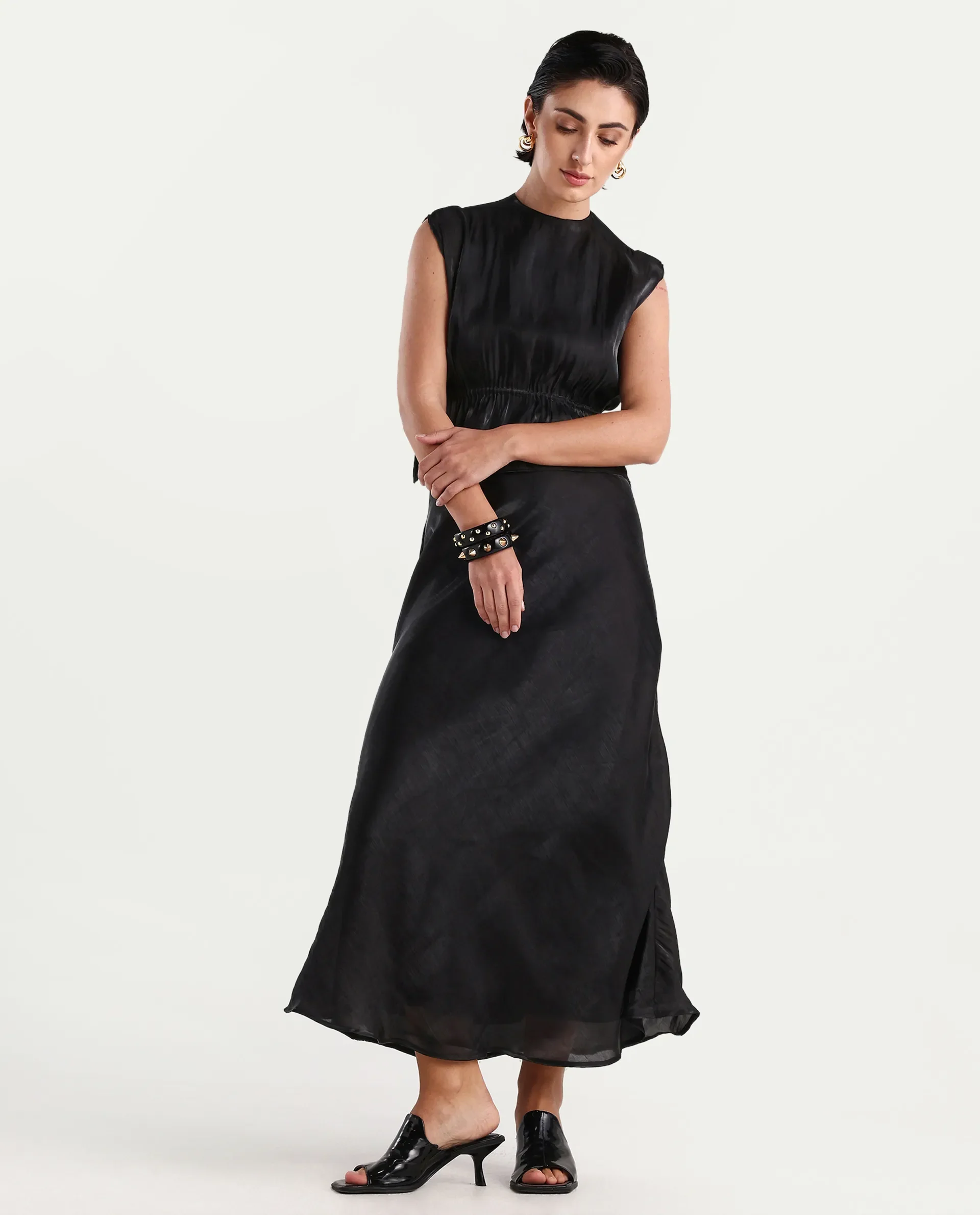 Rareism Women's Ronski Black Polyester Plain Maxi A-Line Skirt - Image 4
