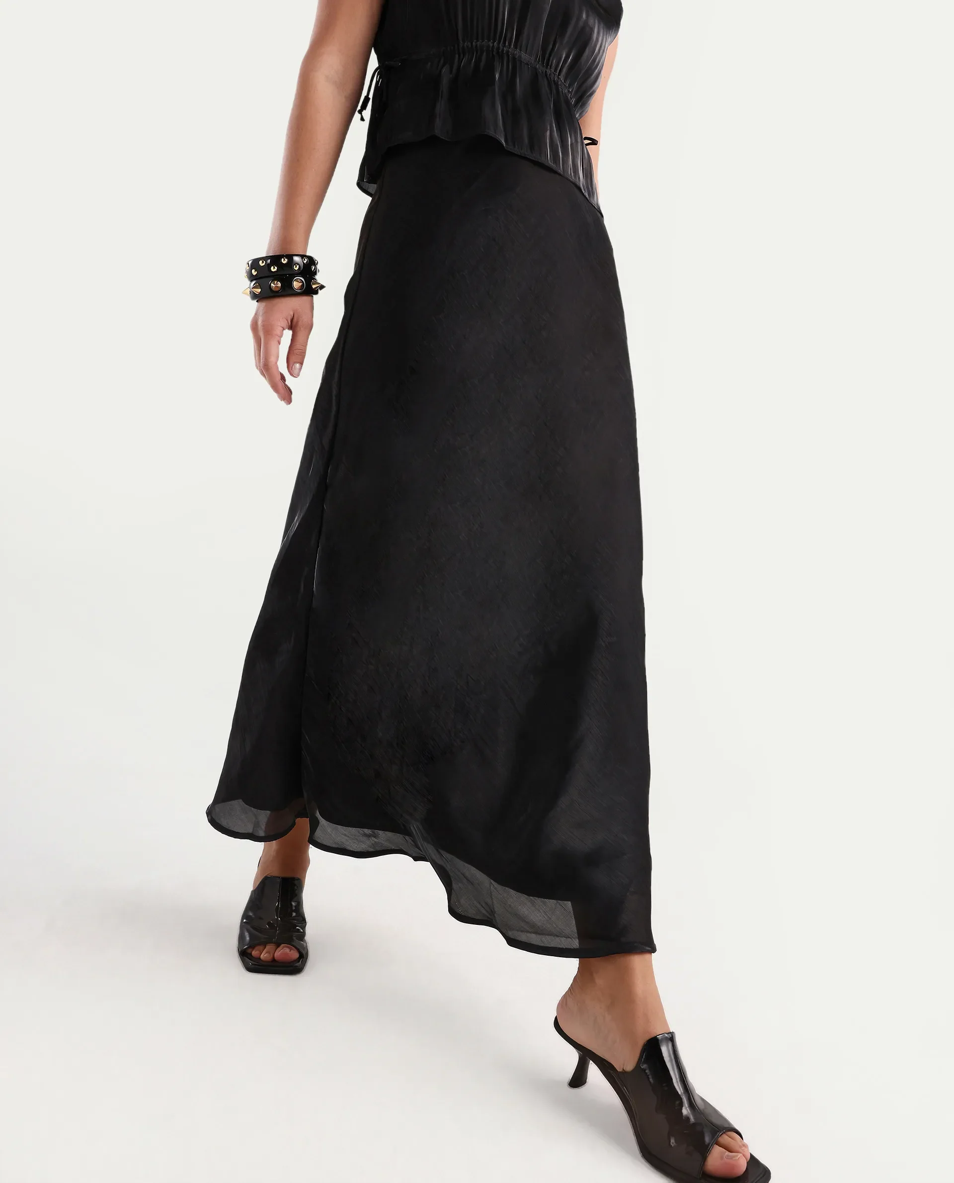 Rareism Women's Ronski Black Polyester Plain Maxi A-Line Skirt - Image 6