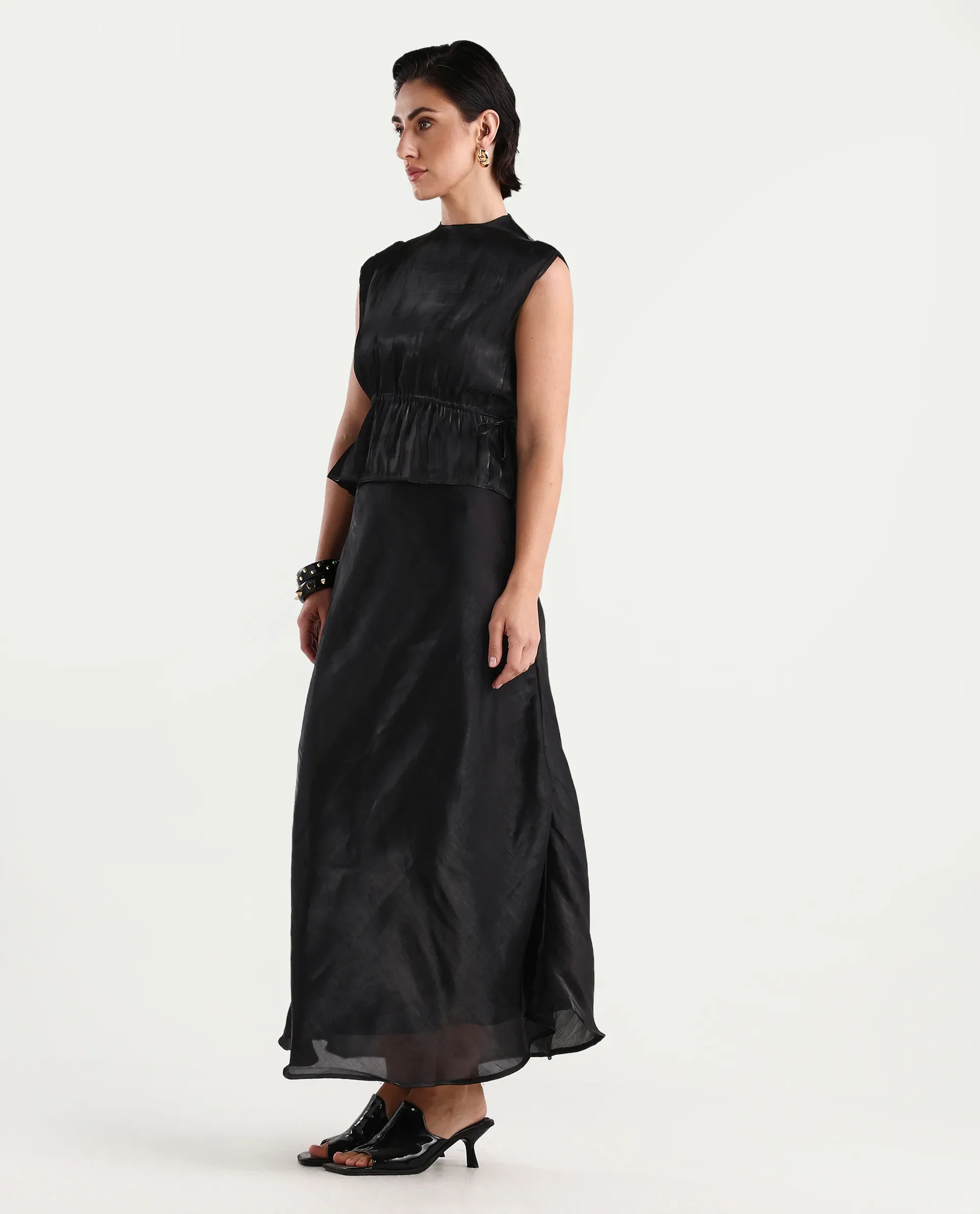 Rareism Women's Ronski Black Polyester Plain Maxi A-Line Skirt - Image 7