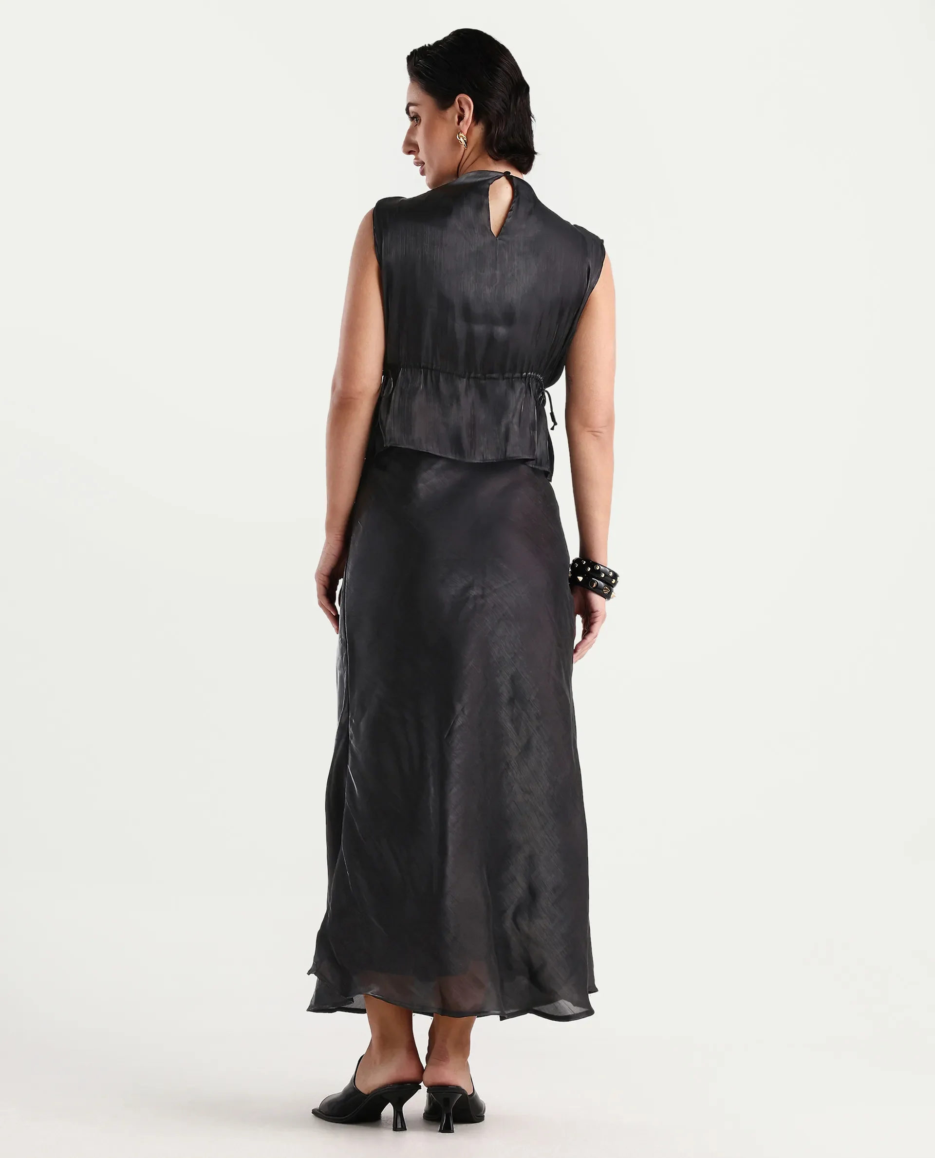 Rareism Women's Ronski Black Polyester Plain Maxi A-Line Skirt - Image 8