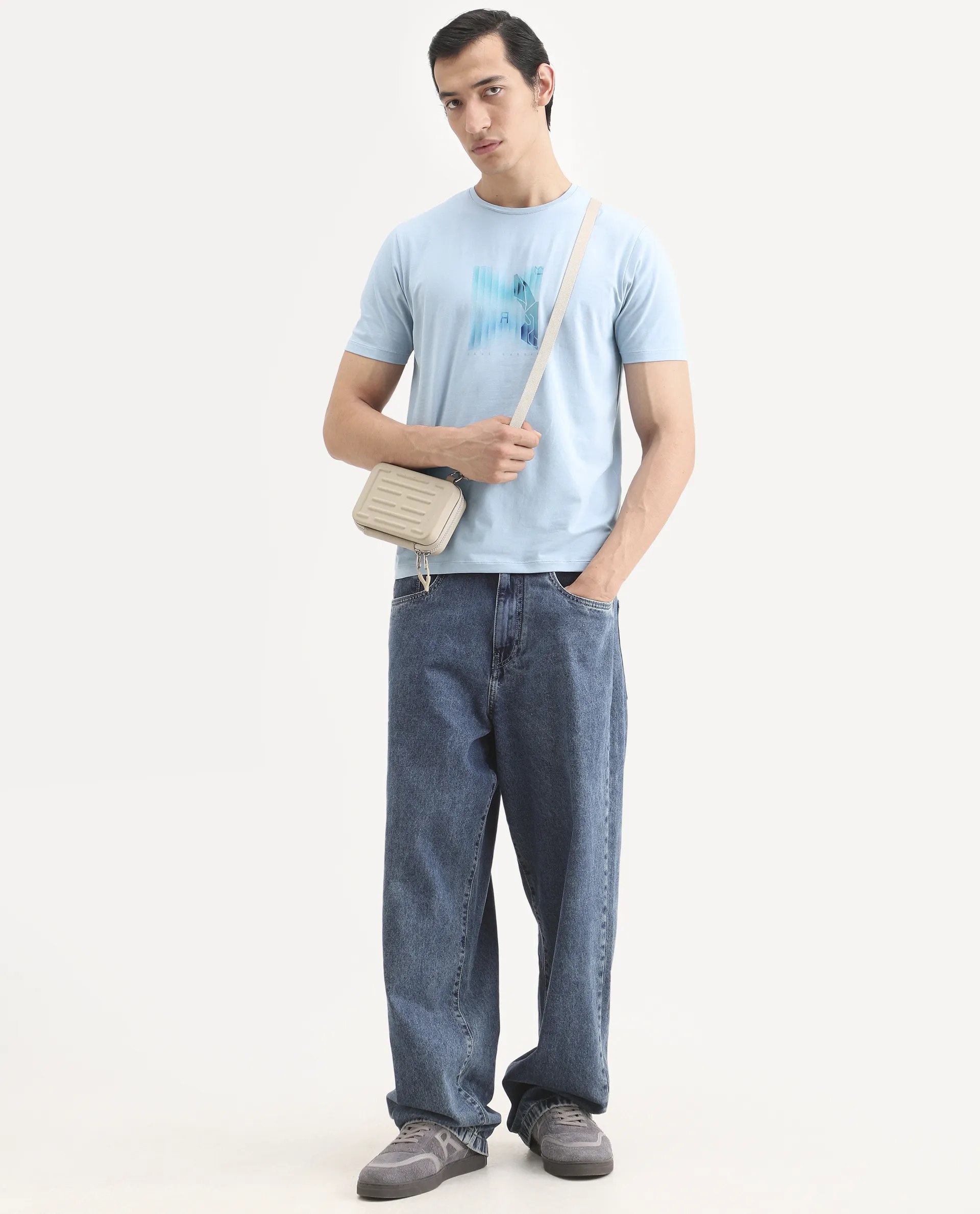 Rare Rabbit Men's Ront Light Blue Cotton Blend Fabric Half Sleeve Crew Neck Regular Fit Graphic Print T-Shirt - Image 2