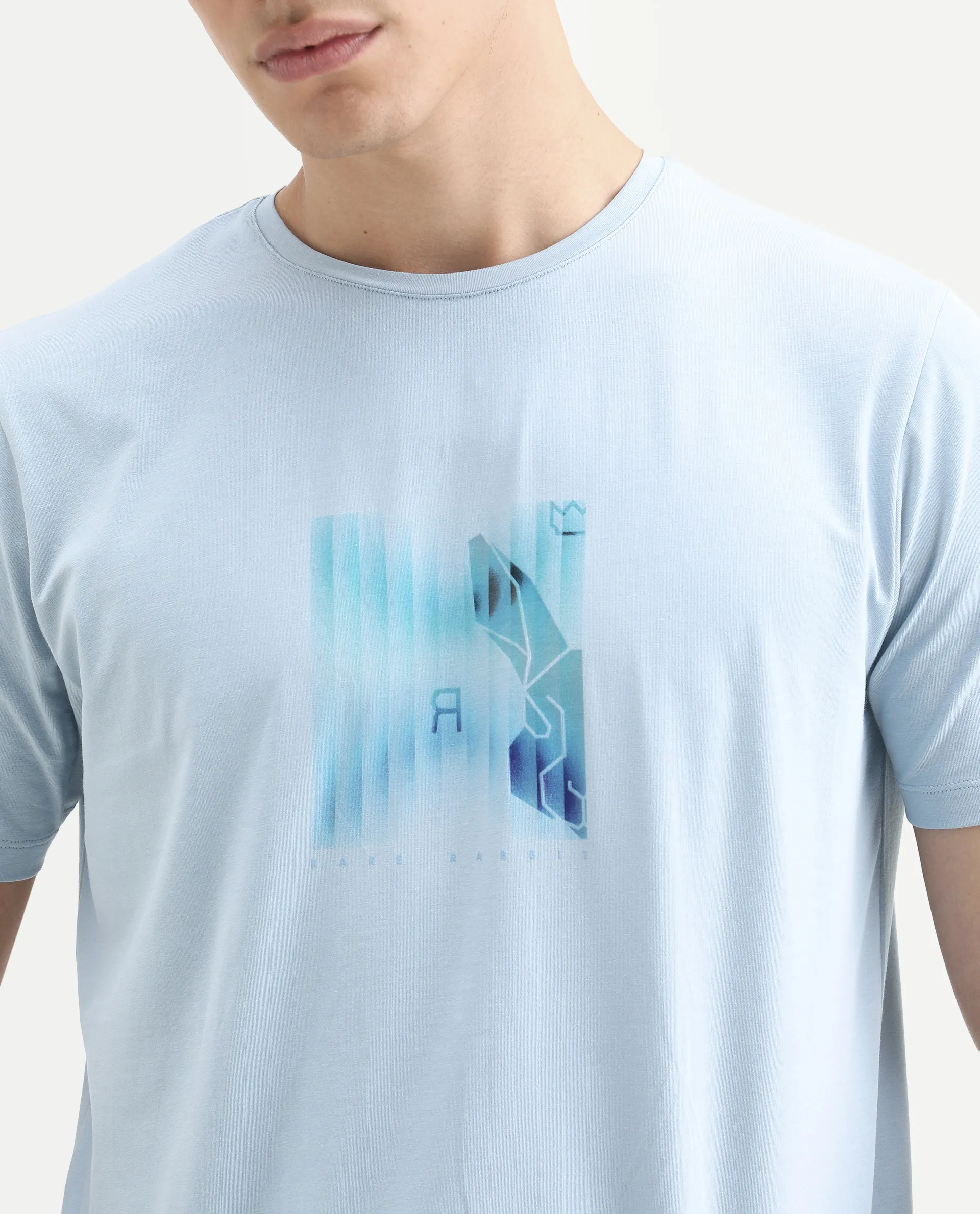 Rare Rabbit Men's Ront Light Blue Cotton Blend Fabric Half Sleeve Crew Neck Regular Fit Graphic Print T-Shirt - Image 3