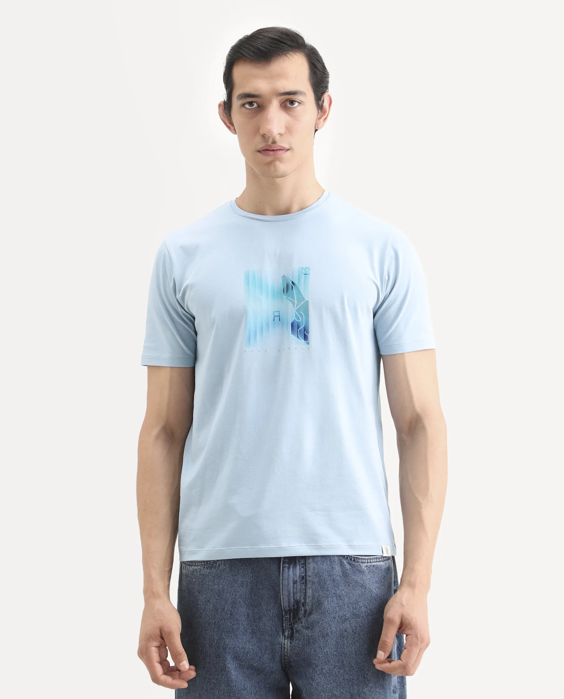 Rare Rabbit Men's Ront Light Blue Cotton Blend Fabric Half Sleeve Crew Neck Regular Fit Graphic Print T-Shirt - Image 4