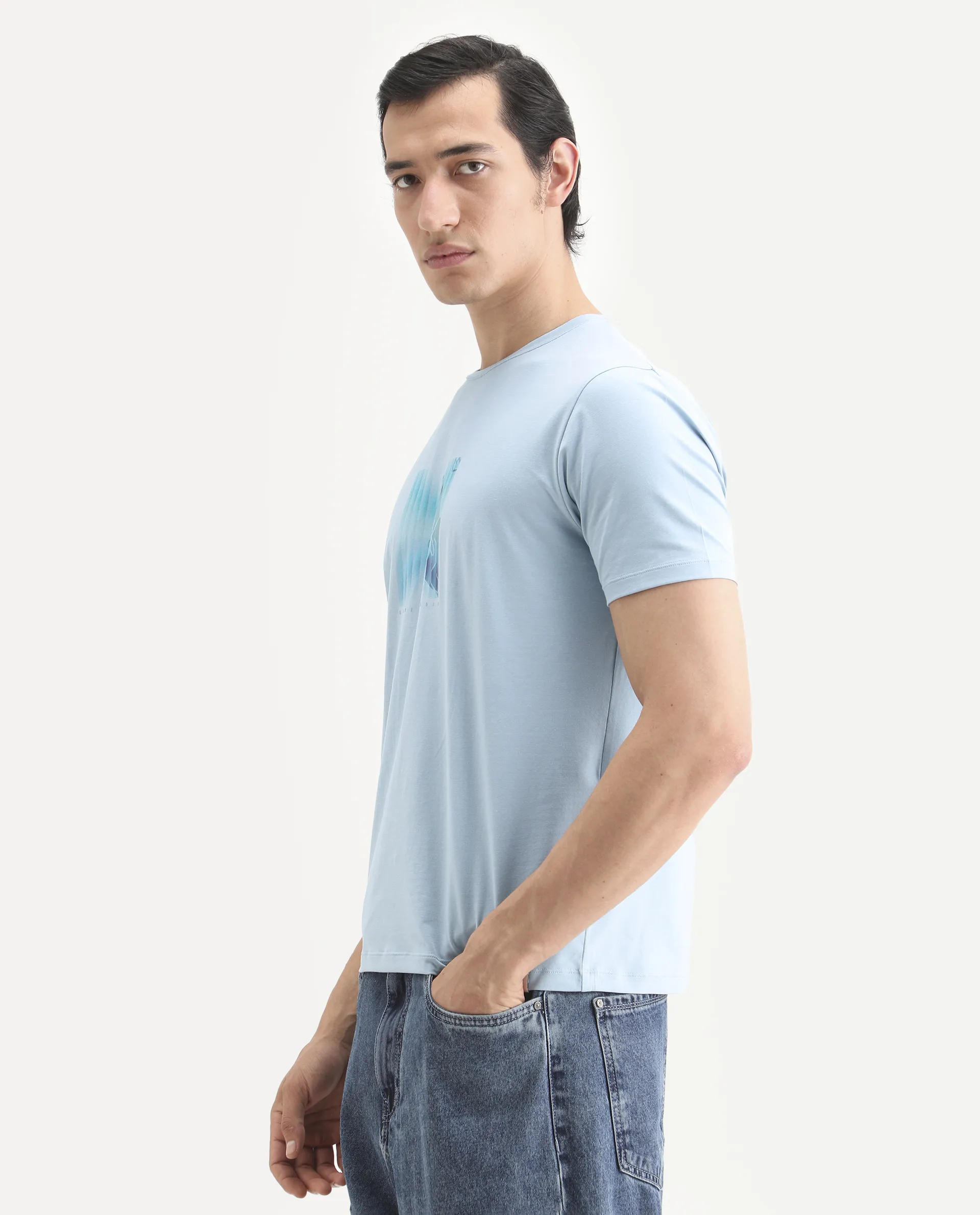 Rare Rabbit Men's Ront Light Blue Cotton Blend Fabric Half Sleeve Crew Neck Regular Fit Graphic Print T-Shirt - Image 5