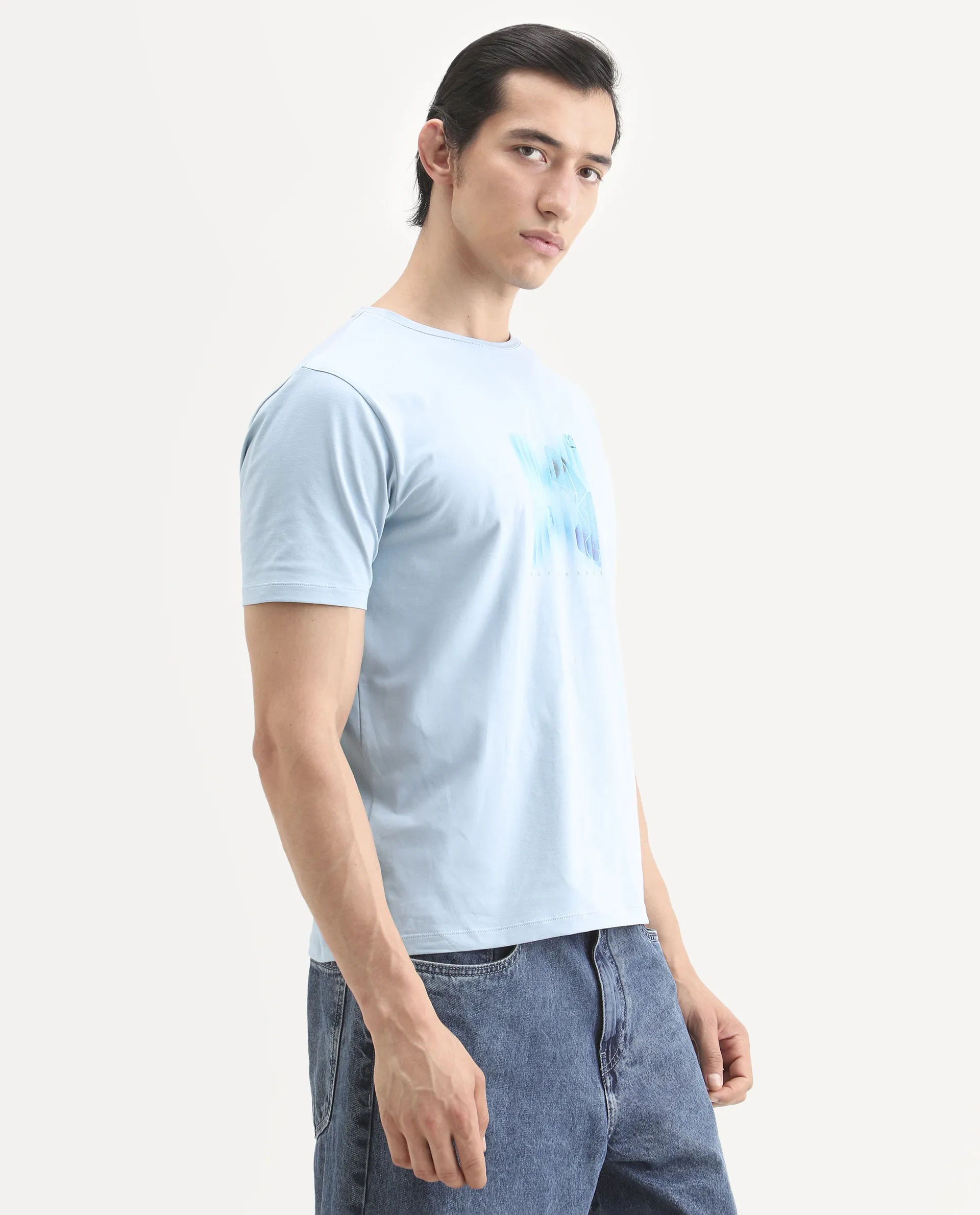 Rare Rabbit Men's Ront Light Blue Cotton Blend Fabric Half Sleeve Crew Neck Regular Fit Graphic Print T-Shirt - Image 6