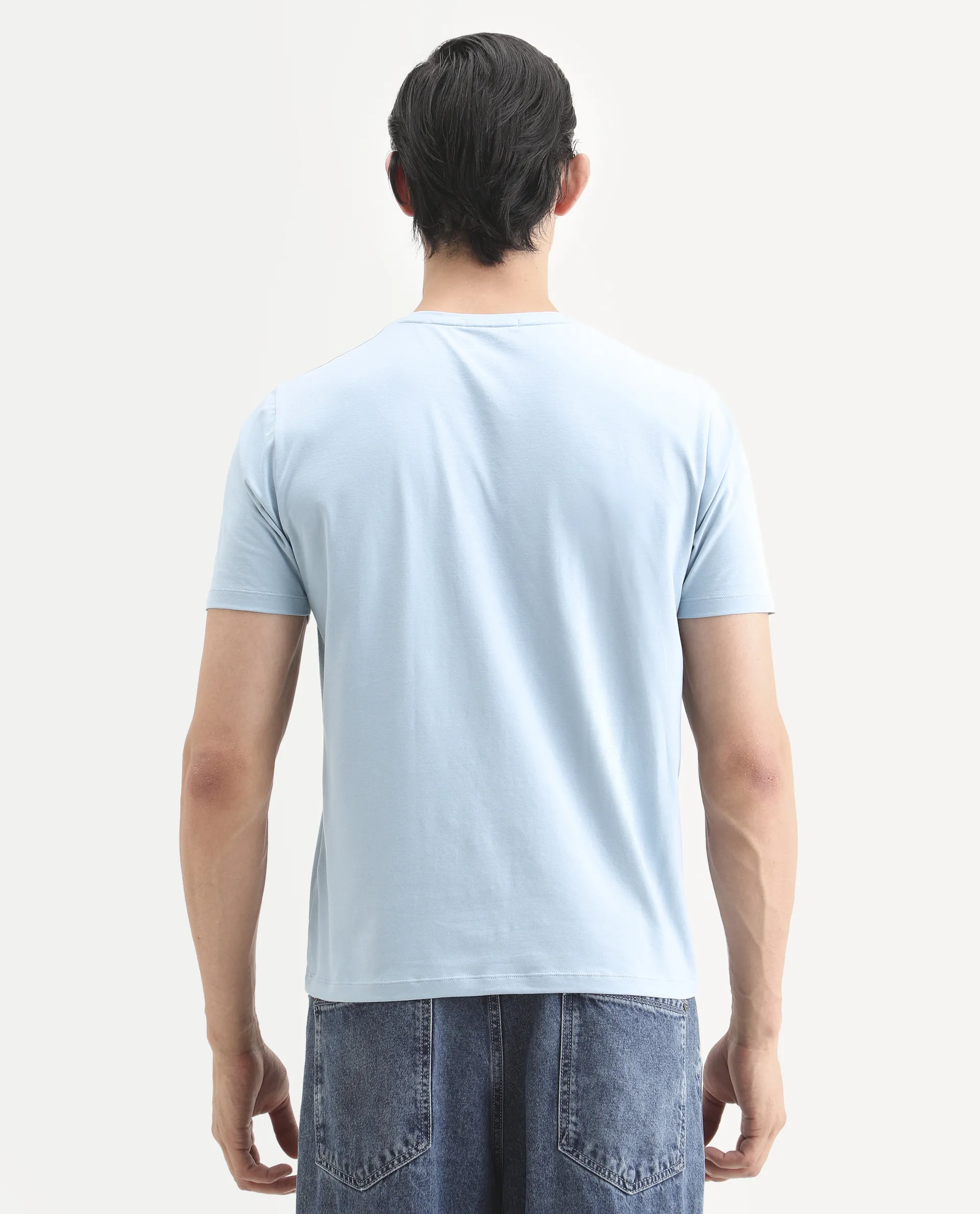 Rare Rabbit Men's Ront Light Blue Cotton Blend Fabric Half Sleeve Crew Neck Regular Fit Graphic Print T-Shirt - Image 7