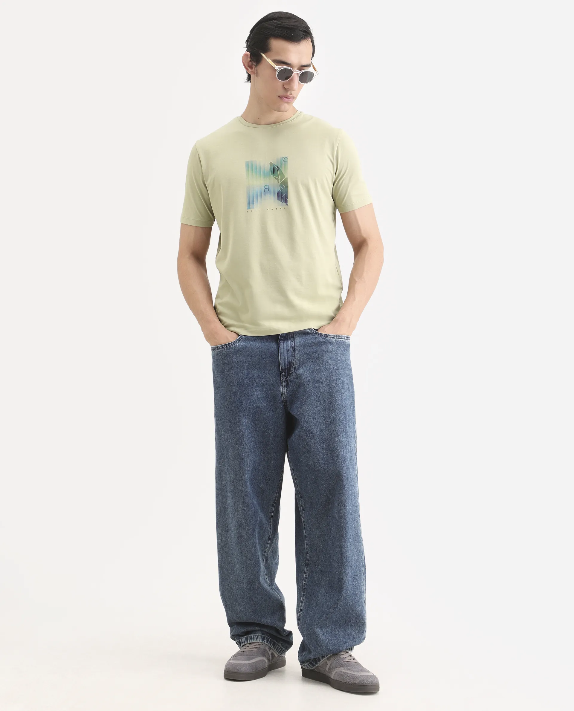 Rare Rabbit Men's Ront Light Green Cotton Blend Fabric Half Sleeve Crew Neck Regular Fit Graphic Print T-Shirt - Image 2