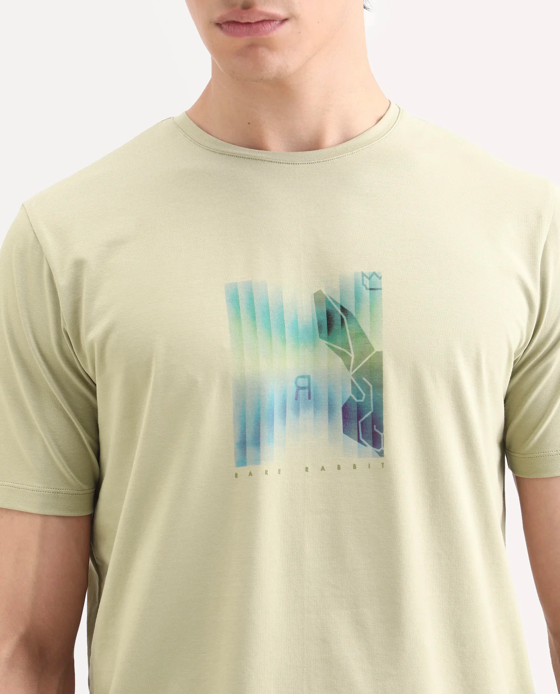 Rare Rabbit Men's Ront Light Green Cotton Blend Fabric Half Sleeve Crew Neck Regular Fit Graphic Print T-Shirt - Image 3