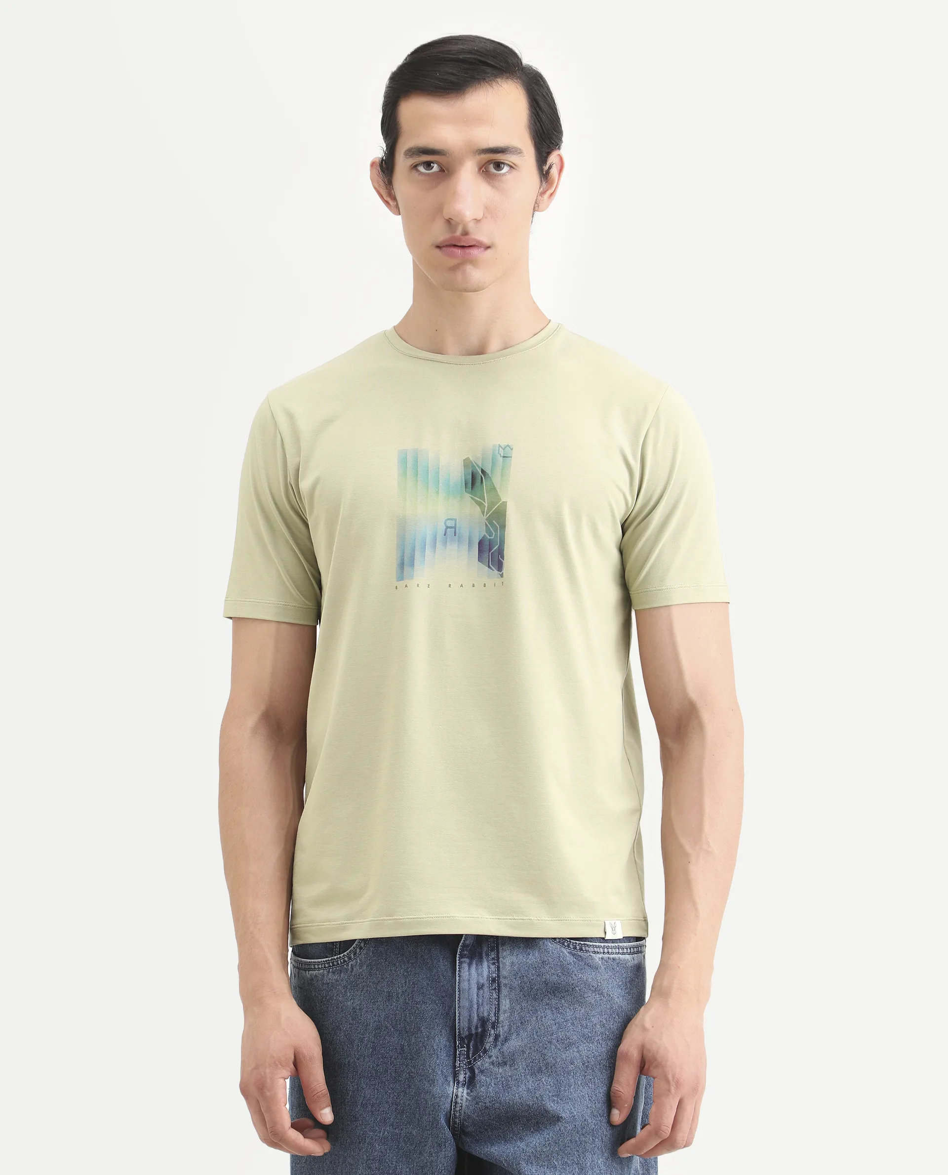 Rare Rabbit Men's Ront Light Green Cotton Blend Fabric Half Sleeve Crew Neck Regular Fit Graphic Print T-Shirt - Image 4