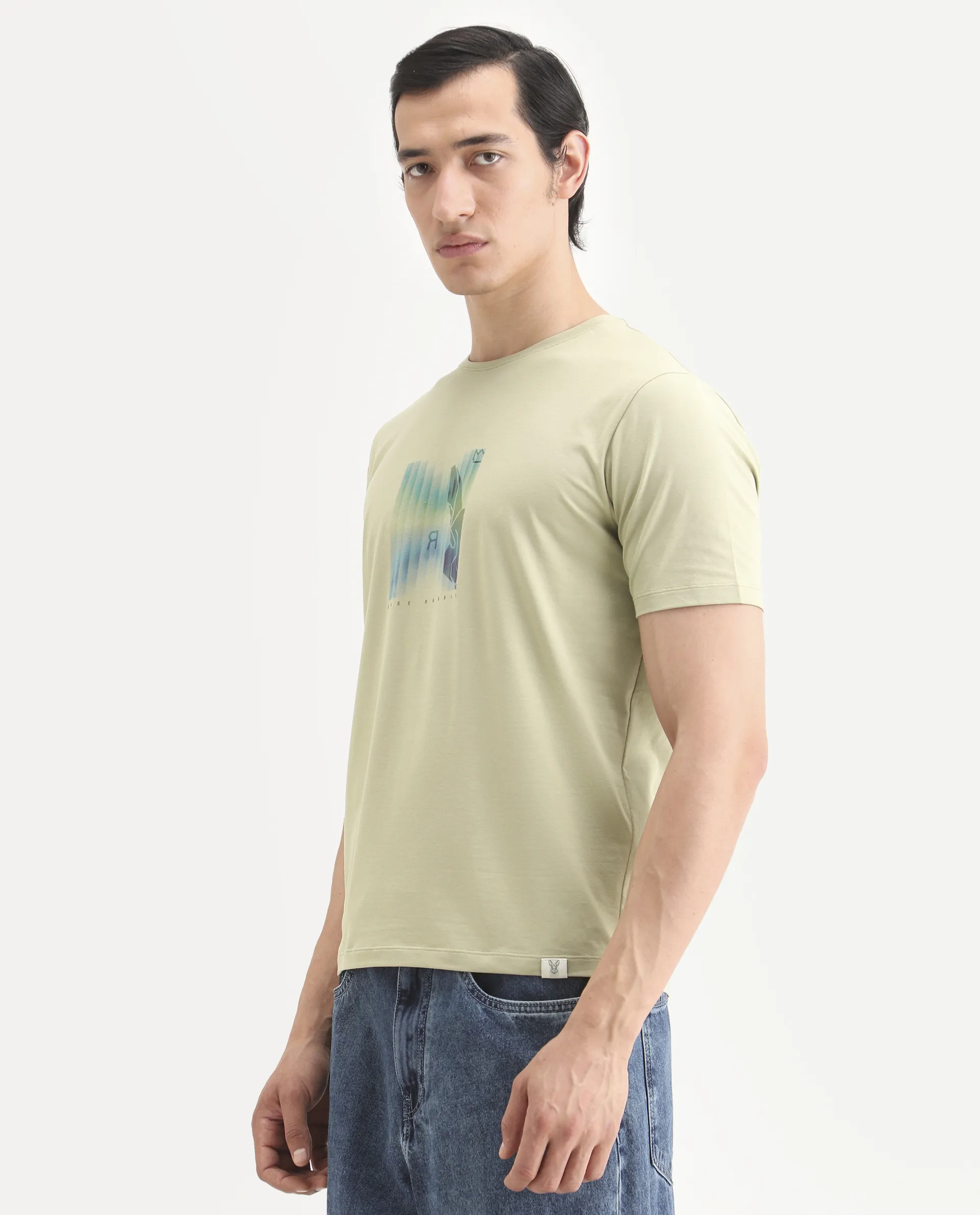 Rare Rabbit Men's Ront Light Green Cotton Blend Fabric Half Sleeve Crew Neck Regular Fit Graphic Print T-Shirt - Image 5