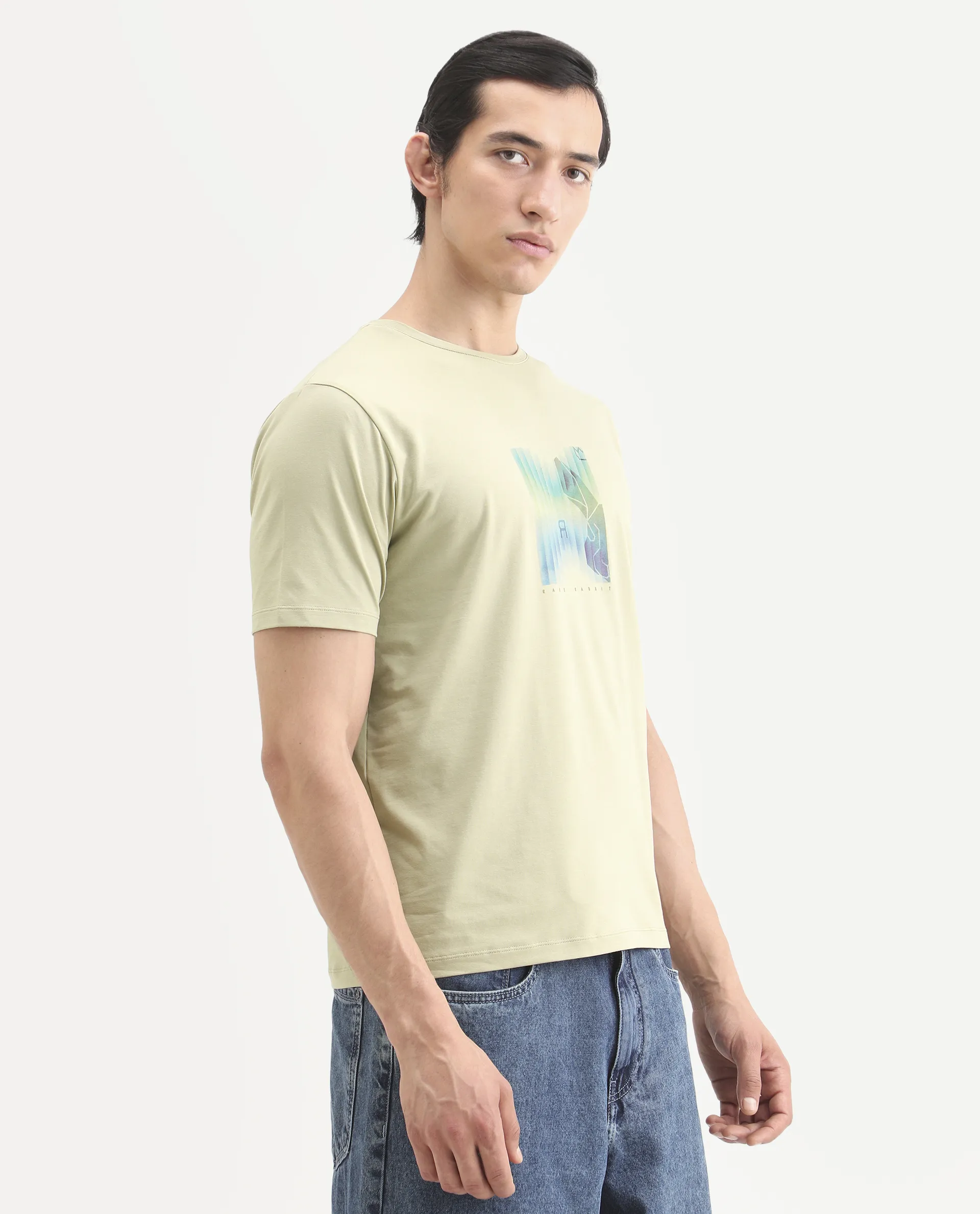 Rare Rabbit Men's Ront Light Green Cotton Blend Fabric Half Sleeve Crew Neck Regular Fit Graphic Print T-Shirt - Image 6