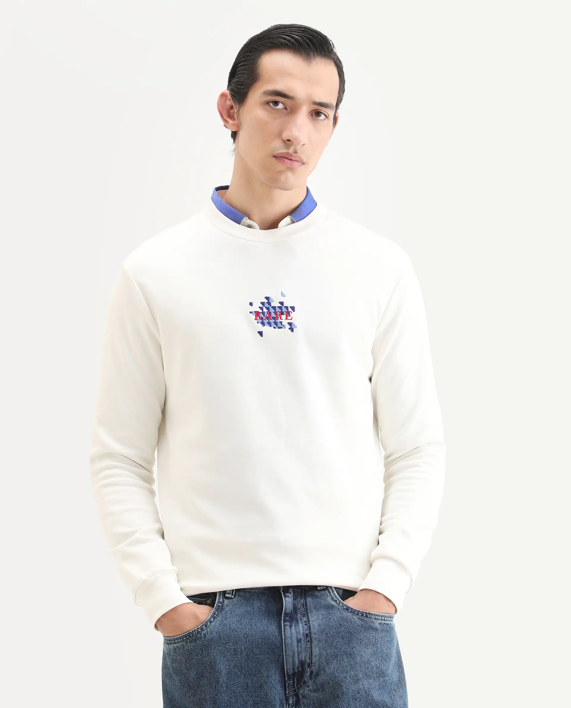 Rare Rabbit Men's Ronta Off White Cotton Blend Embroidered Regular Fit Full Sleeve Crew Neck Sweatshirt