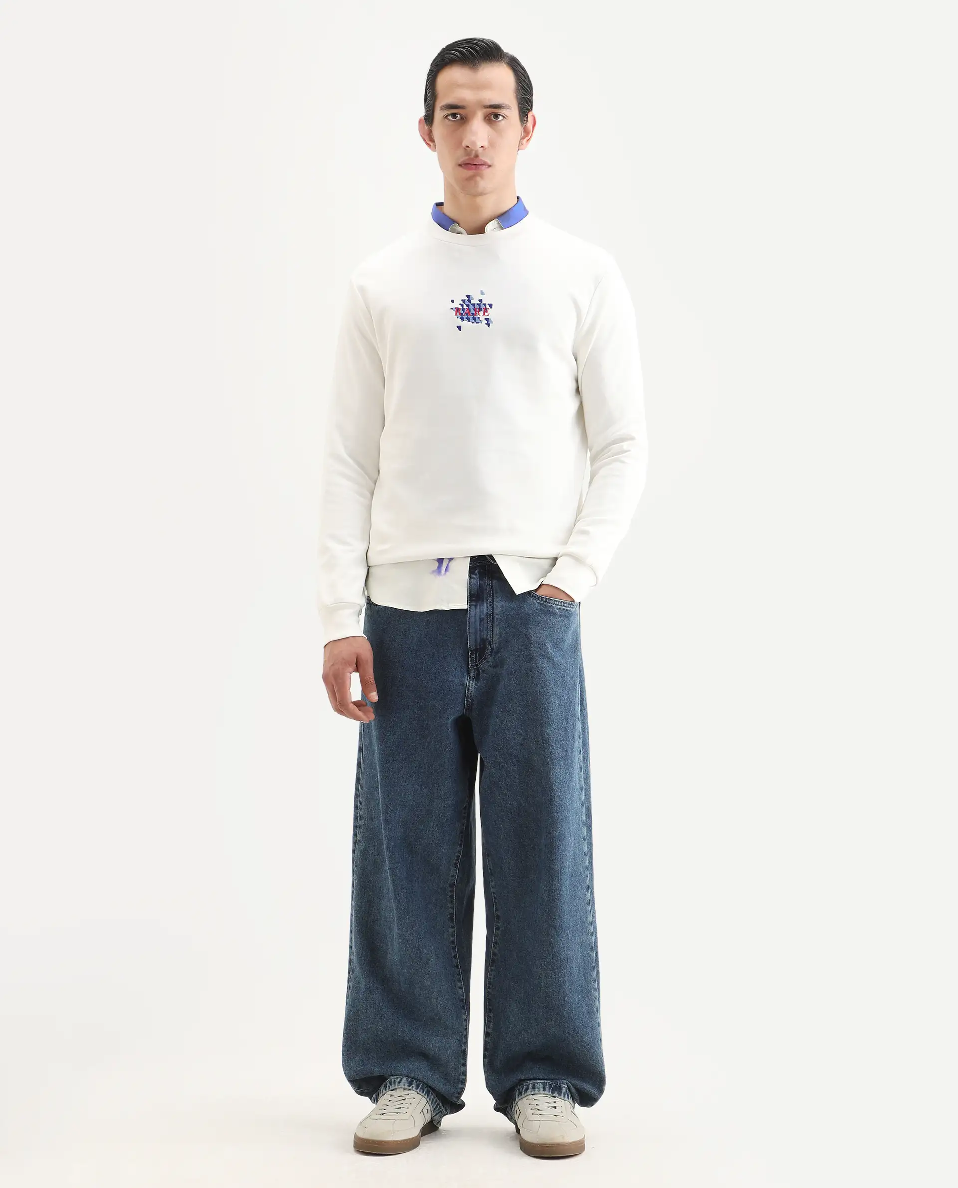 Rare Rabbit Men's Ronta Off White Cotton Blend Embroidered Regular Fit Full Sleeve Crew Neck Sweatshirt - Image 2