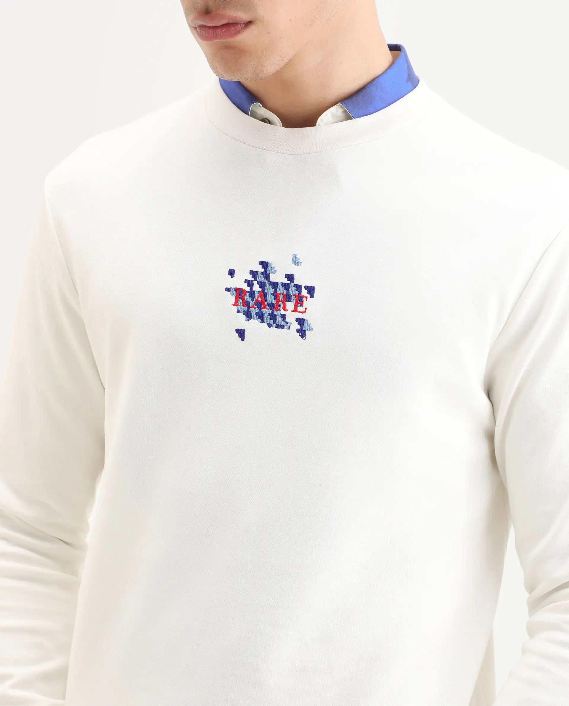 Rare Rabbit Men's Ronta Off White Cotton Blend Embroidered Regular Fit Full Sleeve Crew Neck Sweatshirt - Image 3