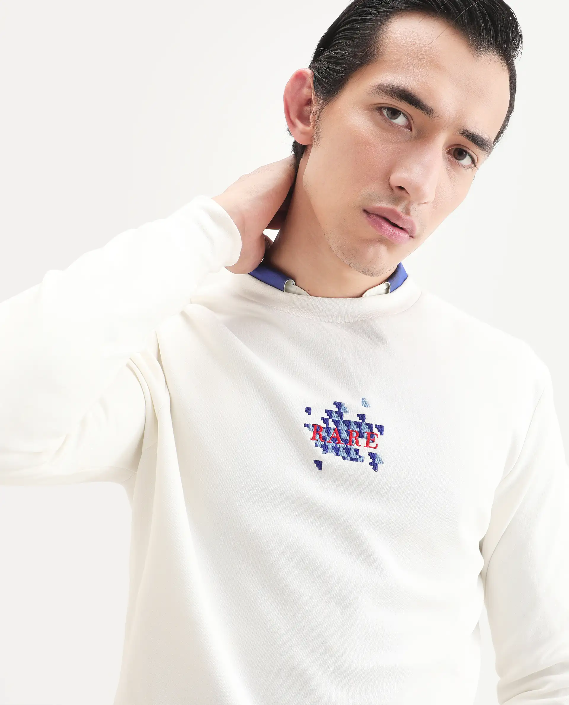 Rare Rabbit Men's Ronta Off White Cotton Blend Embroidered Regular Fit Full Sleeve Crew Neck Sweatshirt - Image 4