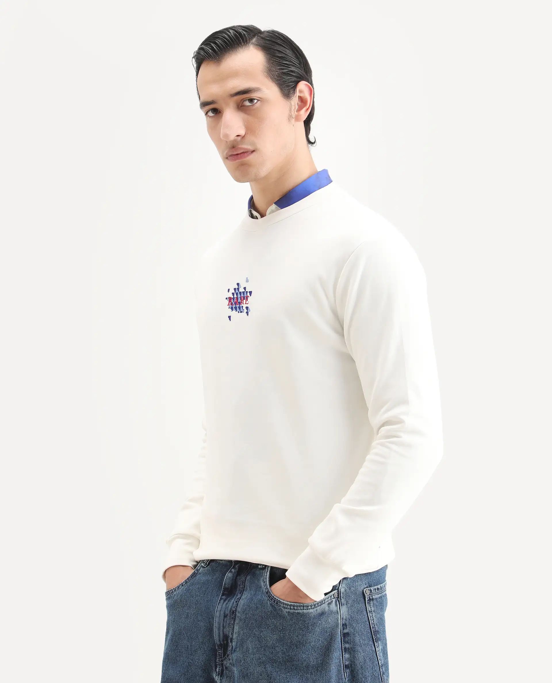 Rare Rabbit Men's Ronta Off White Cotton Blend Embroidered Regular Fit Full Sleeve Crew Neck Sweatshirt - Image 5