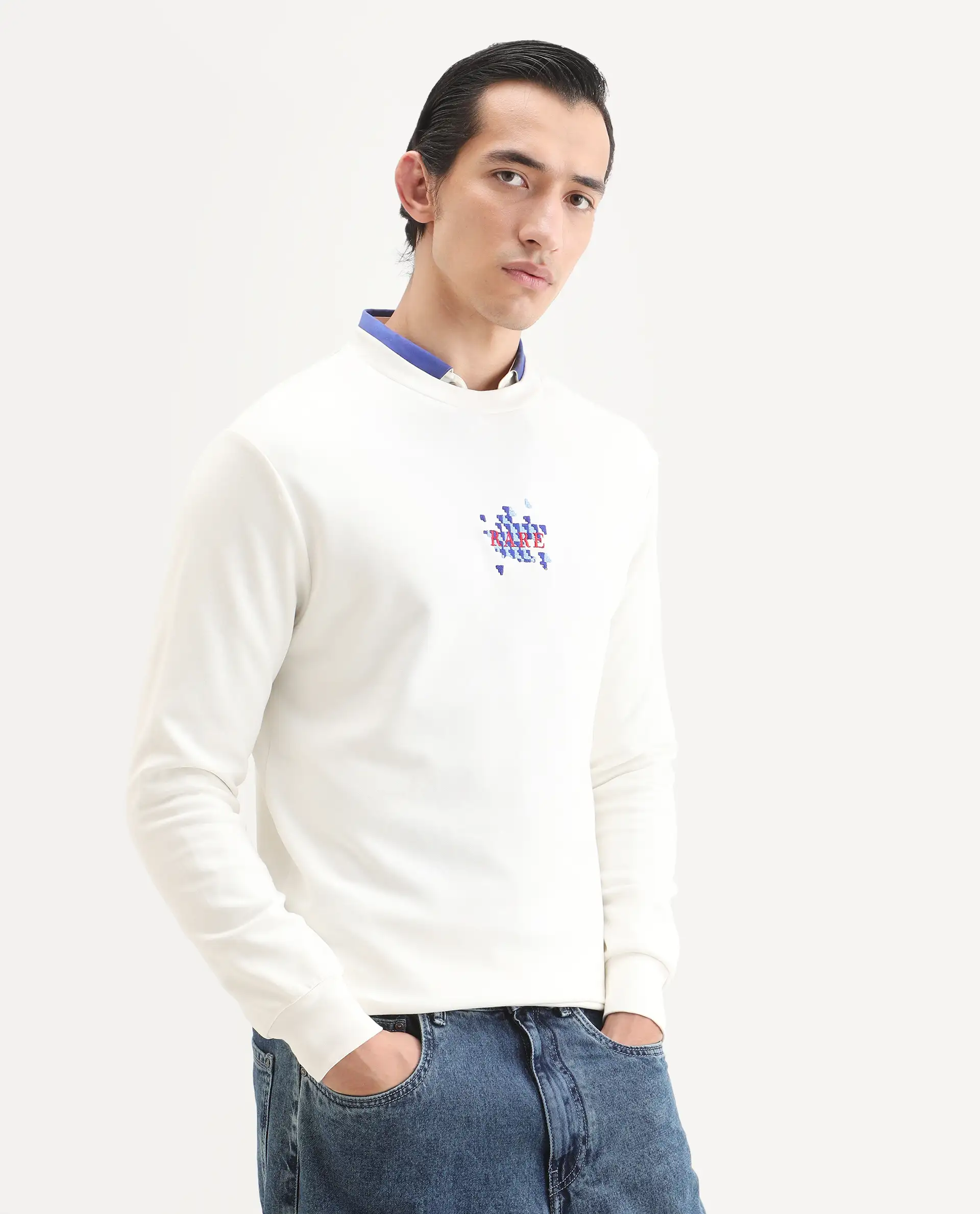 Rare Rabbit Men's Ronta Off White Cotton Blend Embroidered Regular Fit Full Sleeve Crew Neck Sweatshirt - Image 6