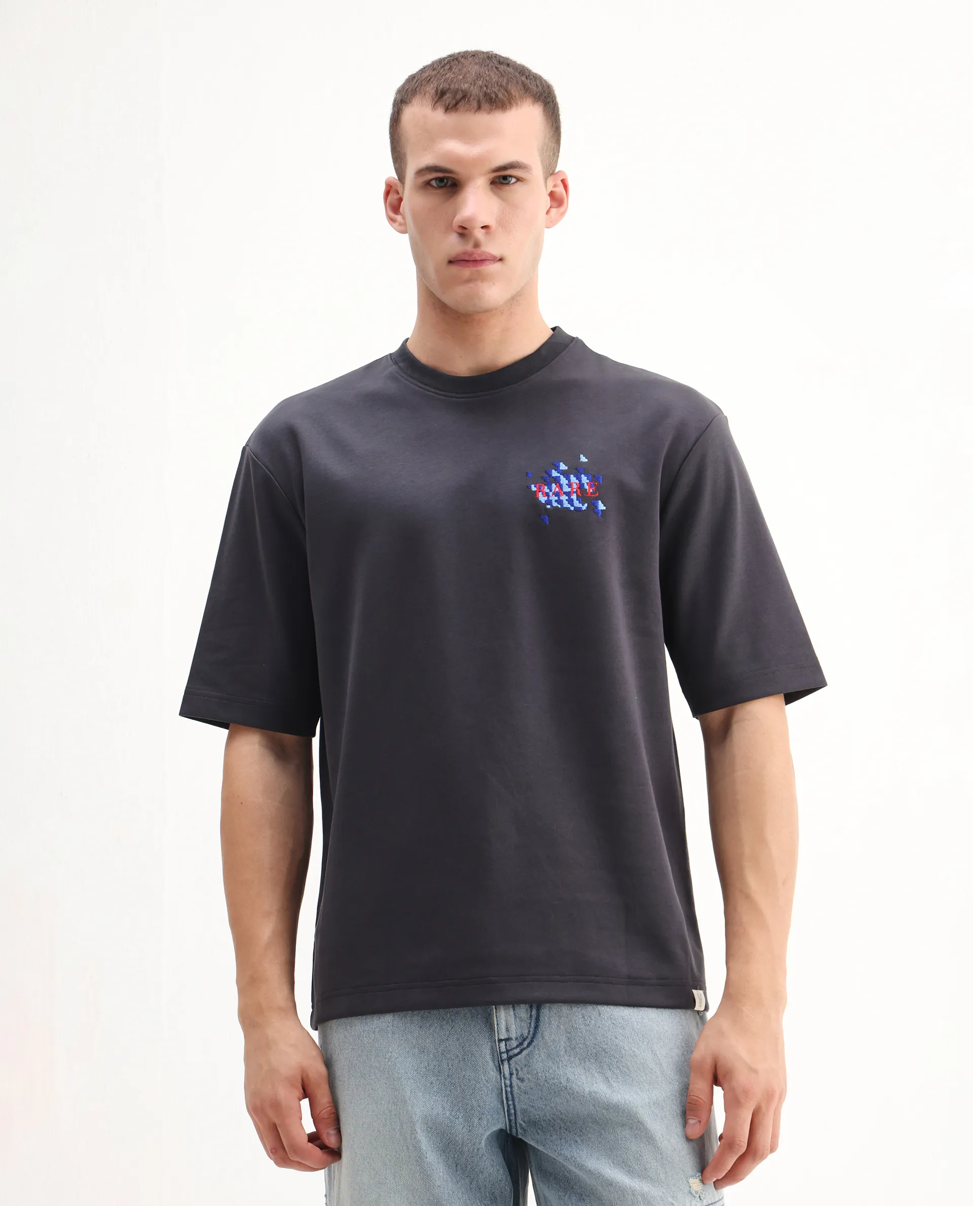 Rare Rabbit Men's Ronto-T Dark Grey Cotton Blend Graphic Print Oversized Fit Half Sleeve Crew Neck T-Shirt - Image 4