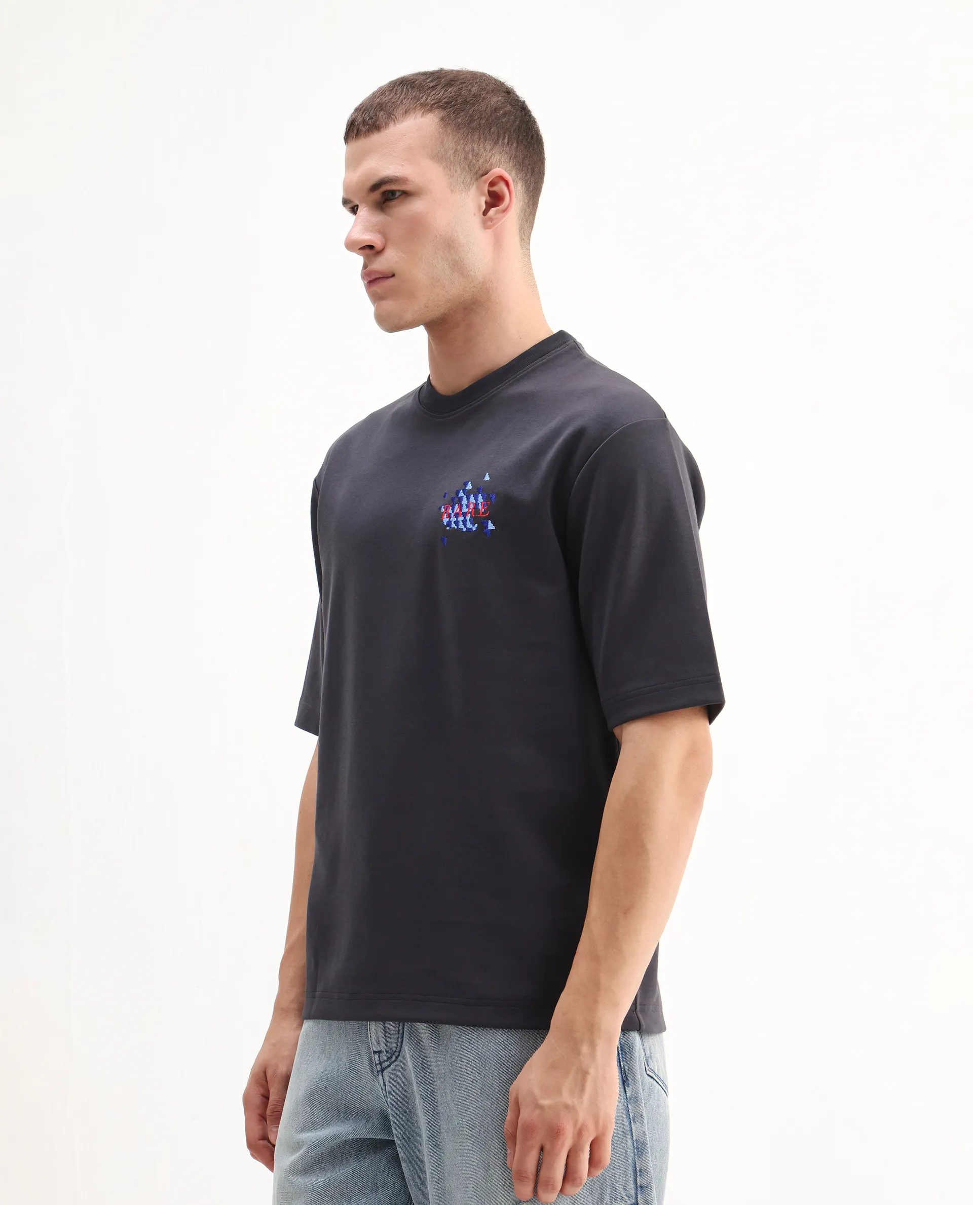 Rare Rabbit Men's Ronto-T Dark Grey Cotton Blend Graphic Print Oversized Fit Half Sleeve Crew Neck T-Shirt - Image 5
