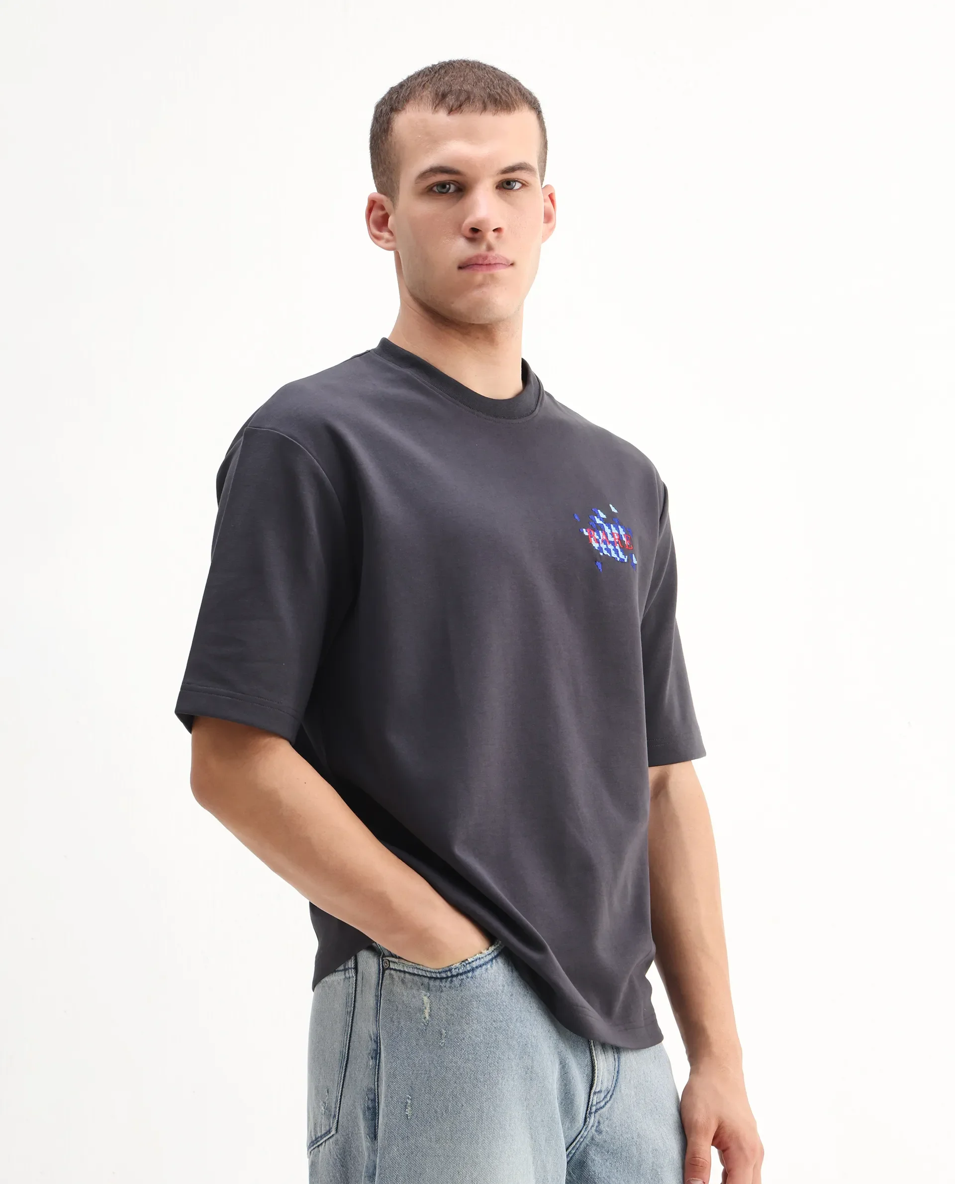 Rare Rabbit Men's Ronto-T Dark Grey Cotton Blend Graphic Print Oversized Fit Half Sleeve Crew Neck T-Shirt - Image 6