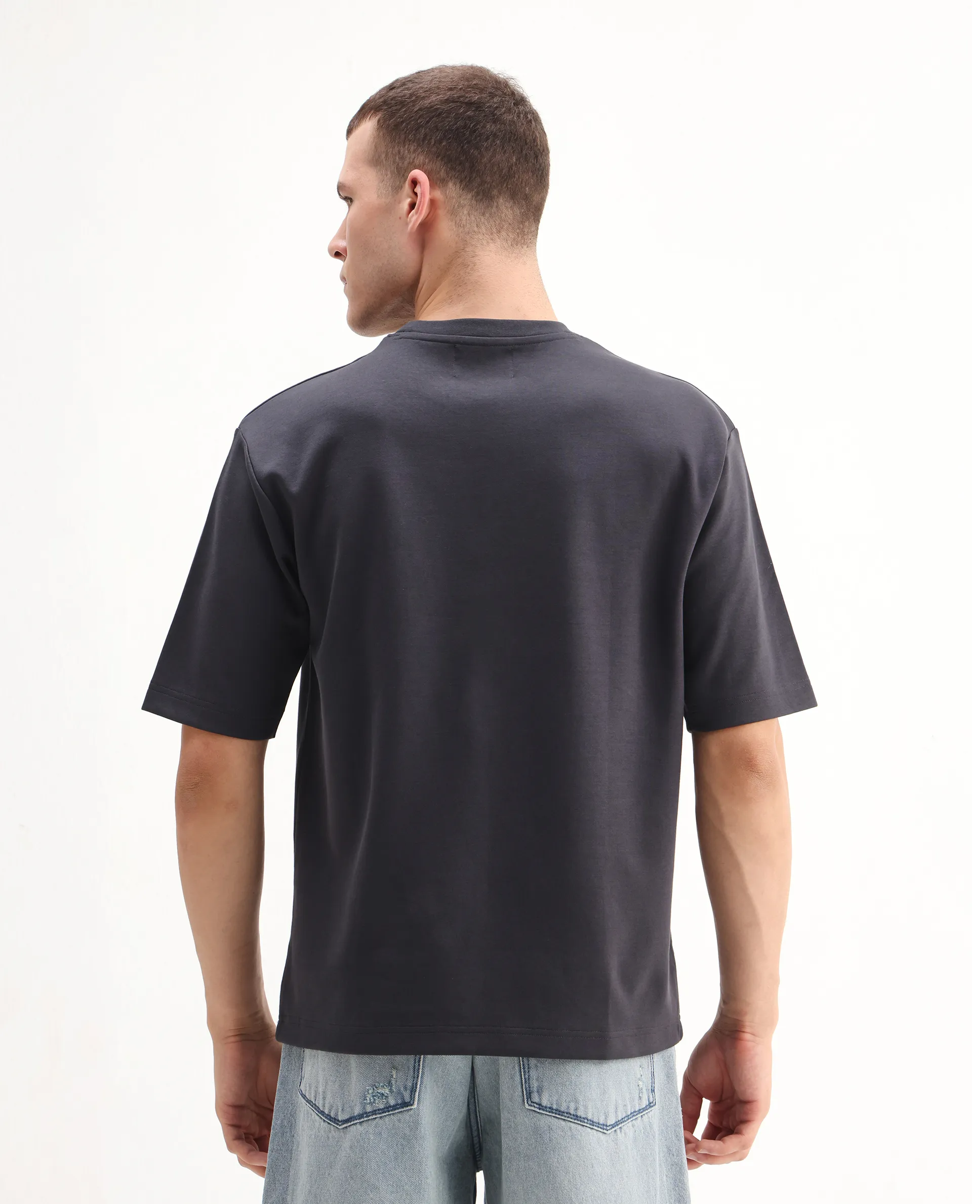 Rare Rabbit Men's Ronto-T Dark Grey Cotton Blend Graphic Print Oversized Fit Half Sleeve Crew Neck T-Shirt - Image 7