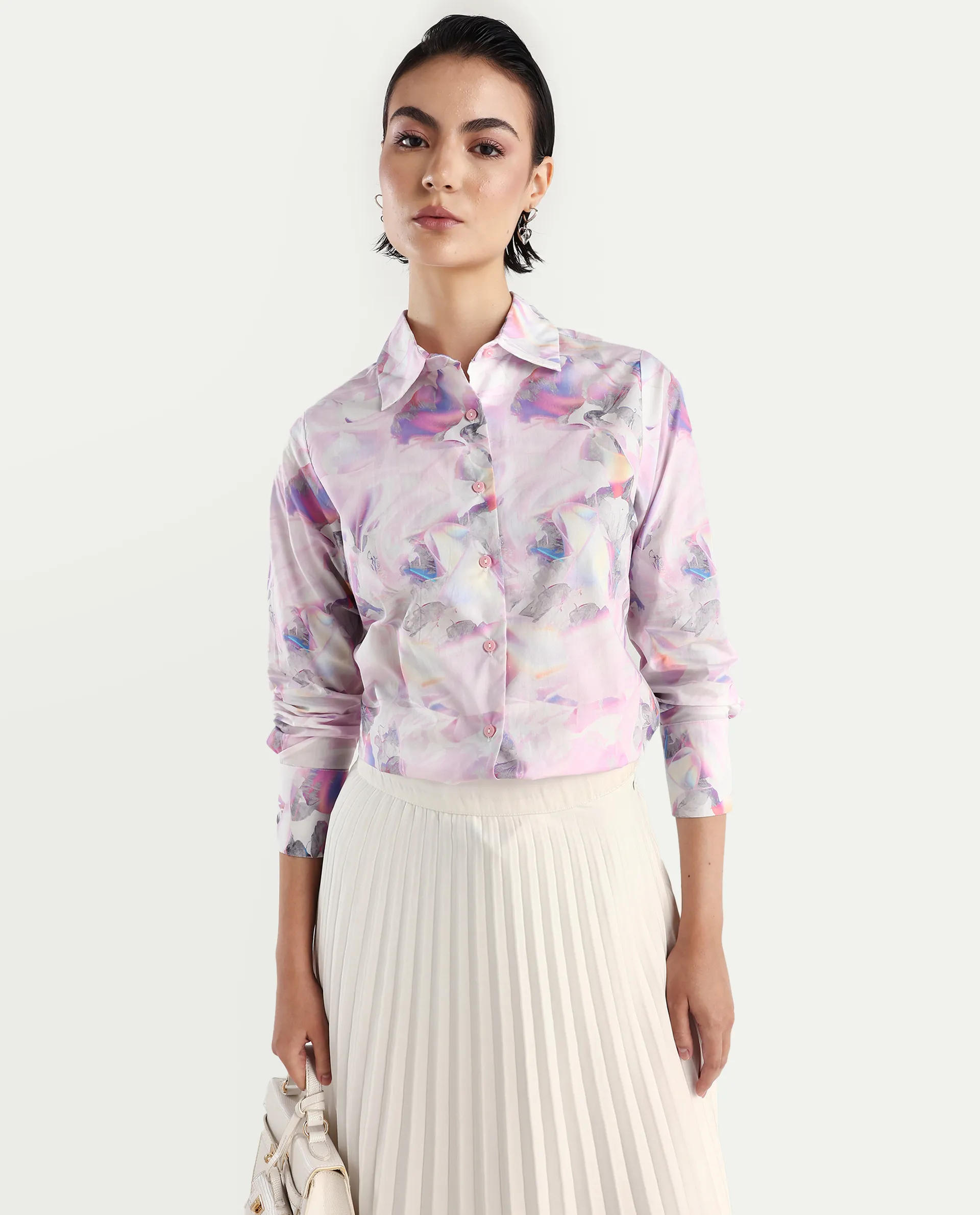 Rareism Women's Ronton Multi Cotton Ribbed Collar Abstract Print Cuffed Sleeve Regular Fit Top