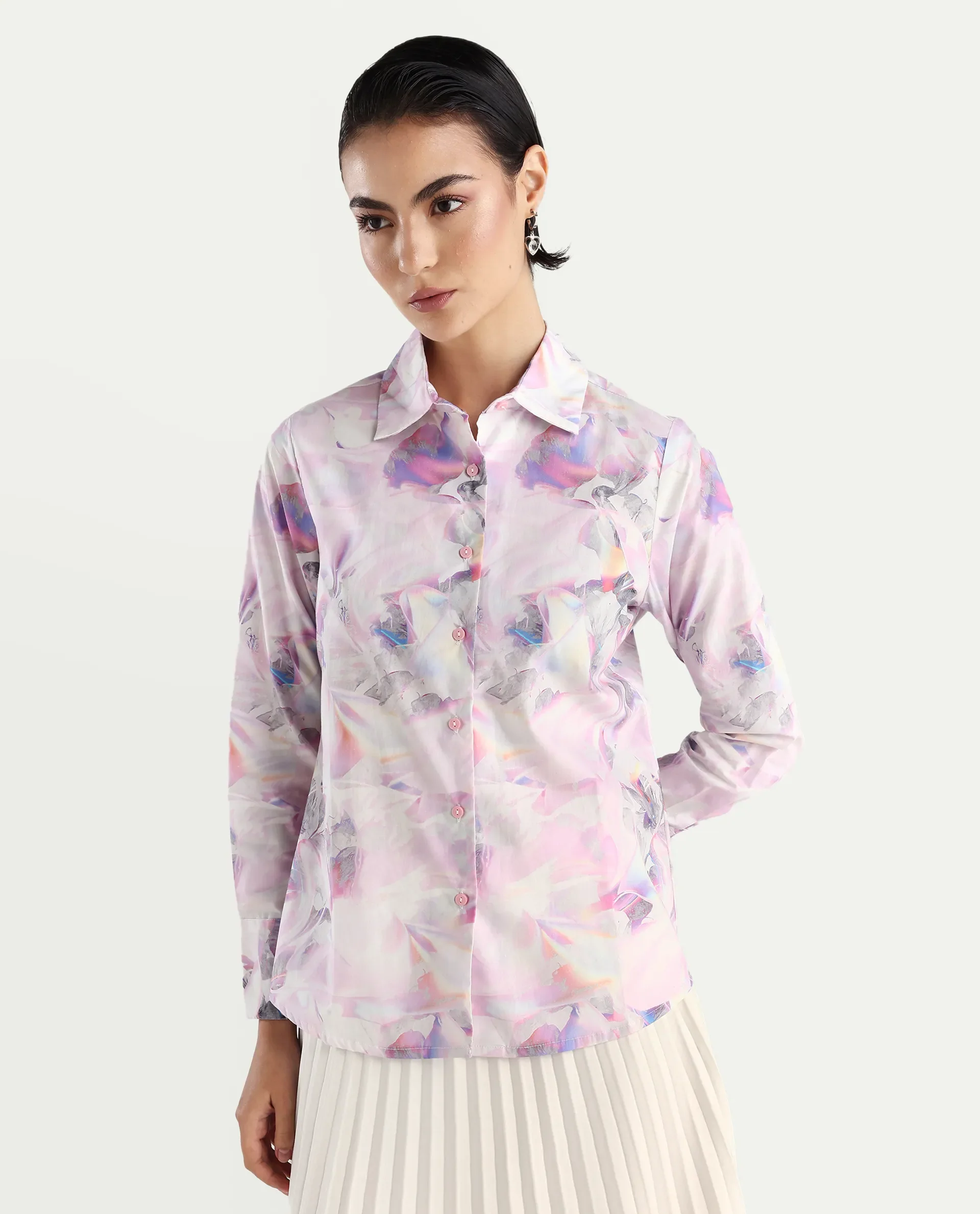 Rareism Women's Ronton Multi Cotton Ribbed Collar Abstract Print Cuffed Sleeve Regular Fit Top - Image 3
