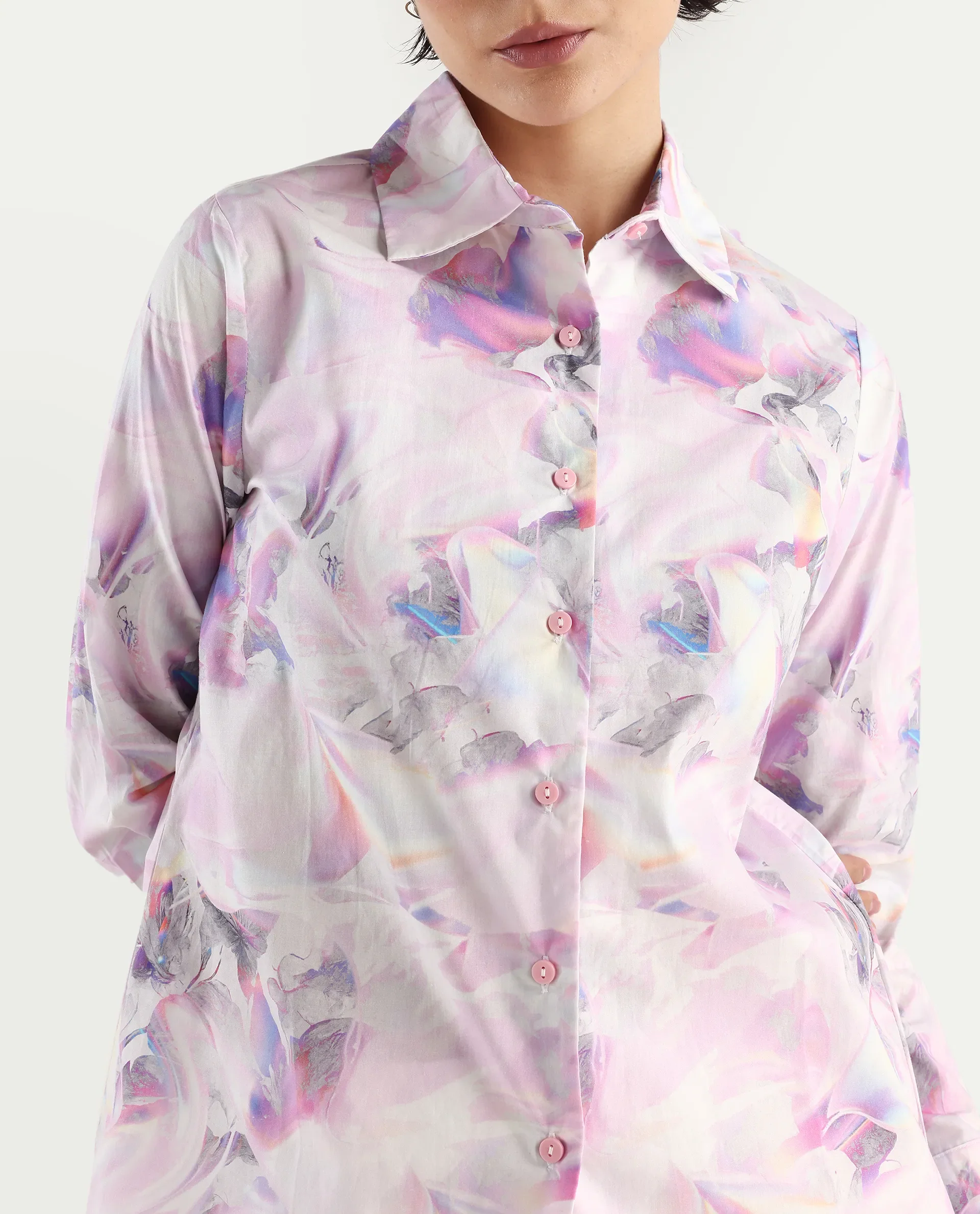 Rareism Women's Ronton Multi Cotton Ribbed Collar Abstract Print Cuffed Sleeve Regular Fit Top - Image 4